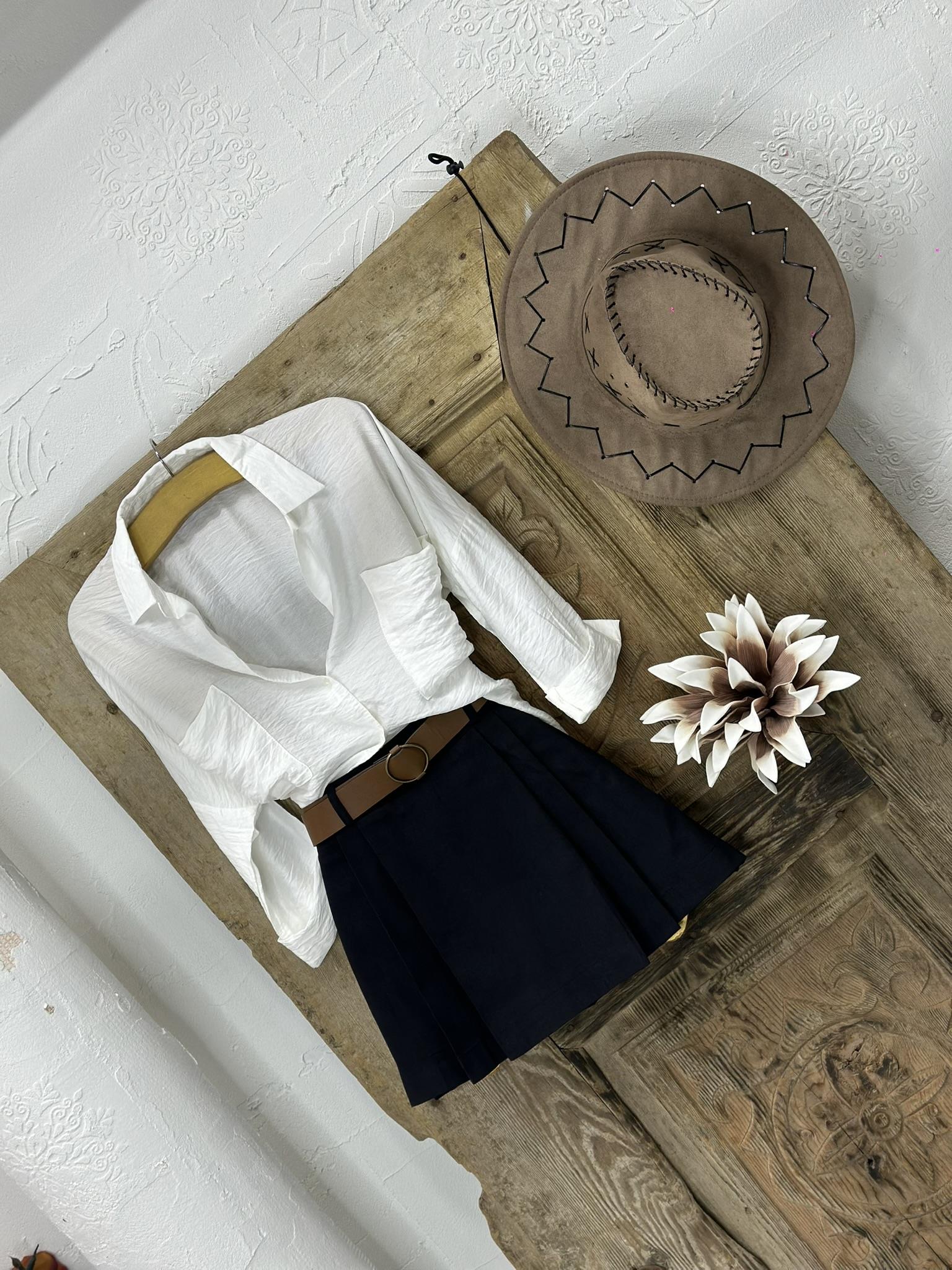 Gabardin Kumaş Kemerli Pileli Şort Etek