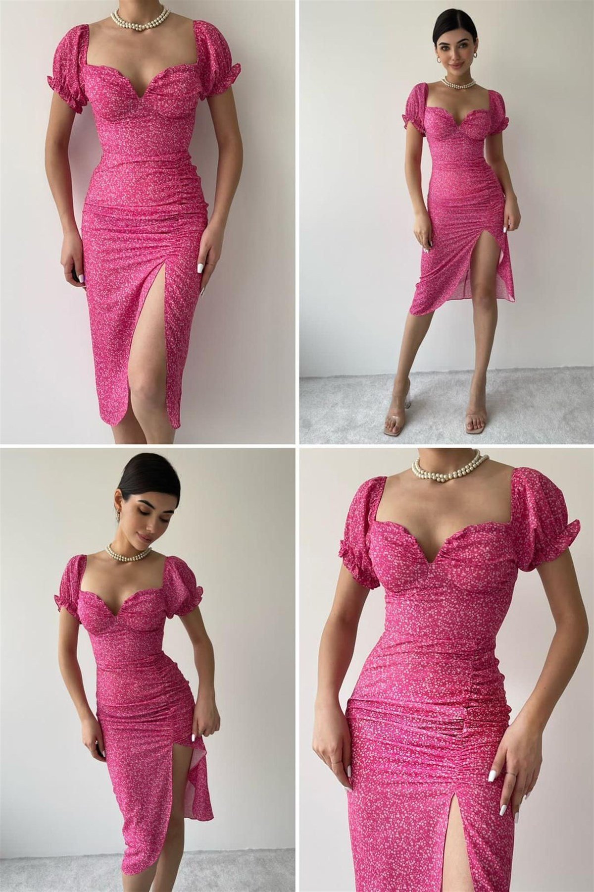 GÖĞÜS DETAY YIRTMAÇLI İTHAL CREP KUMAŞ PEMBE ELBİSE