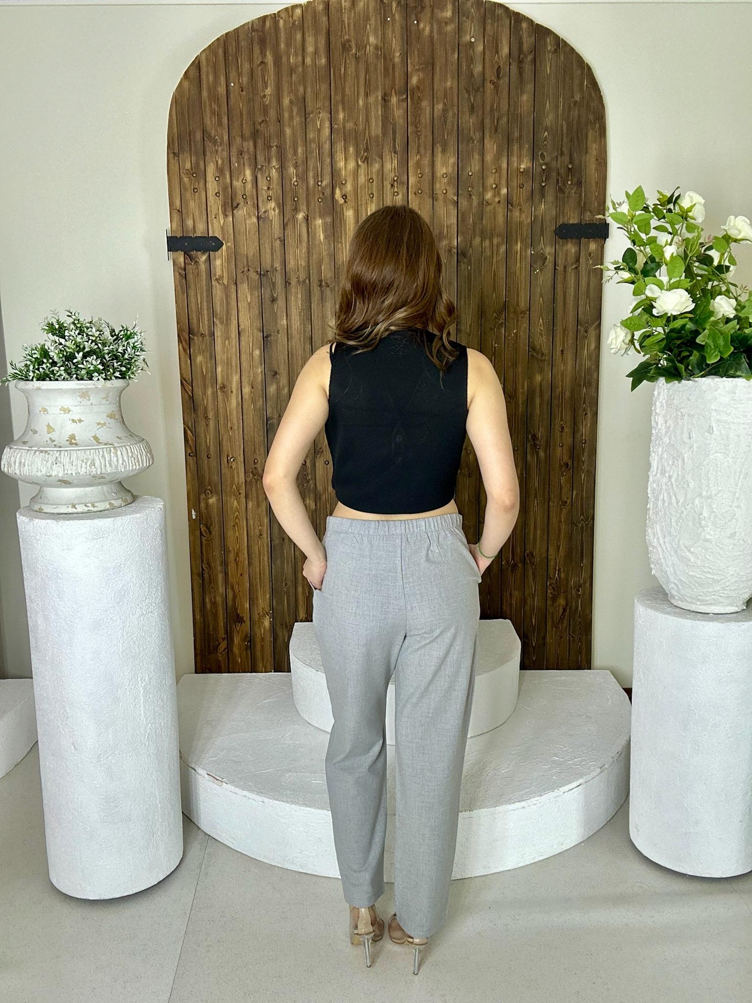 Gri Çift Düğme Detaylı Pileli Tasarım Pantolon 