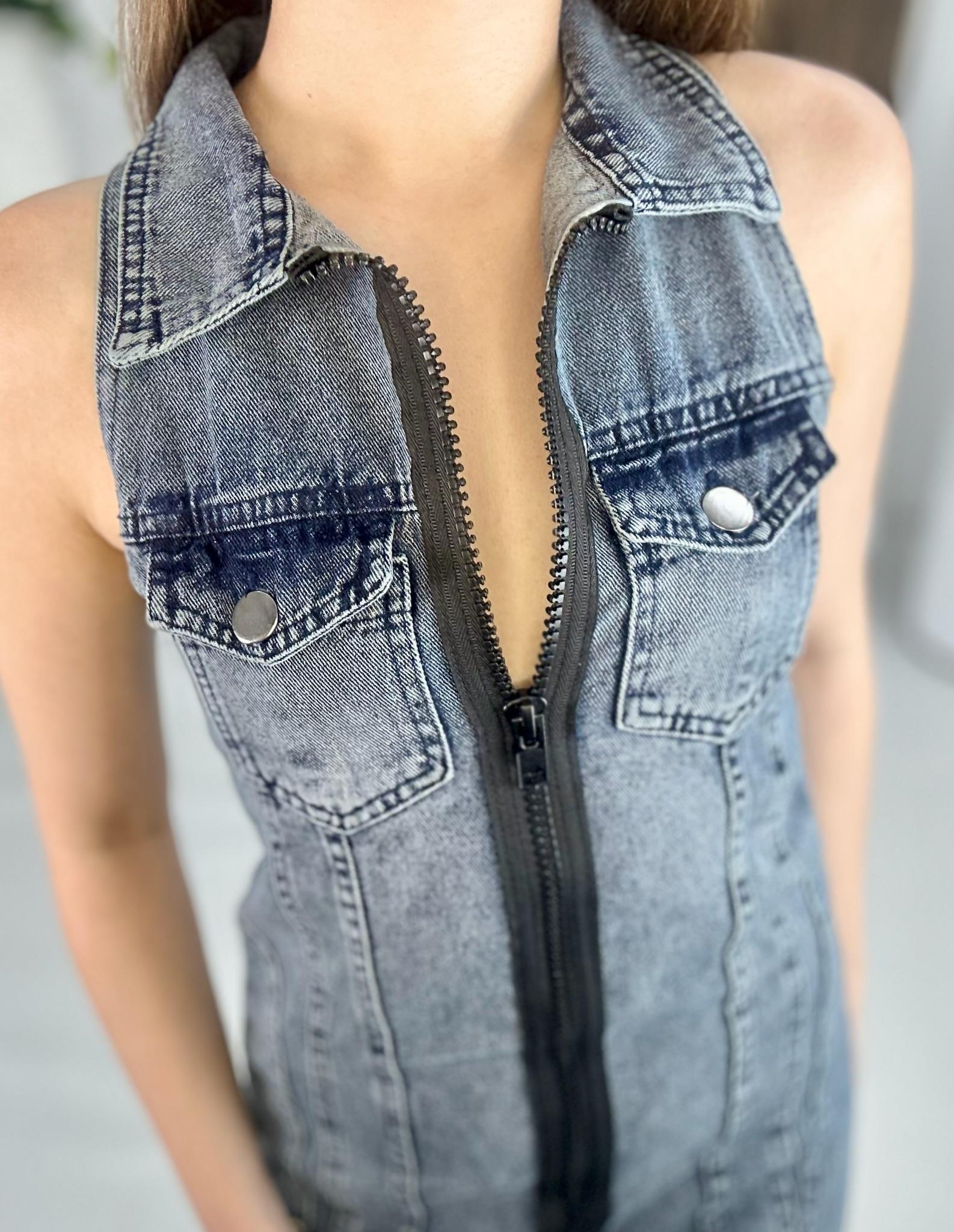 Gri Yıkamalı Jean Kumaş Boydan Fermuarlı Elbise