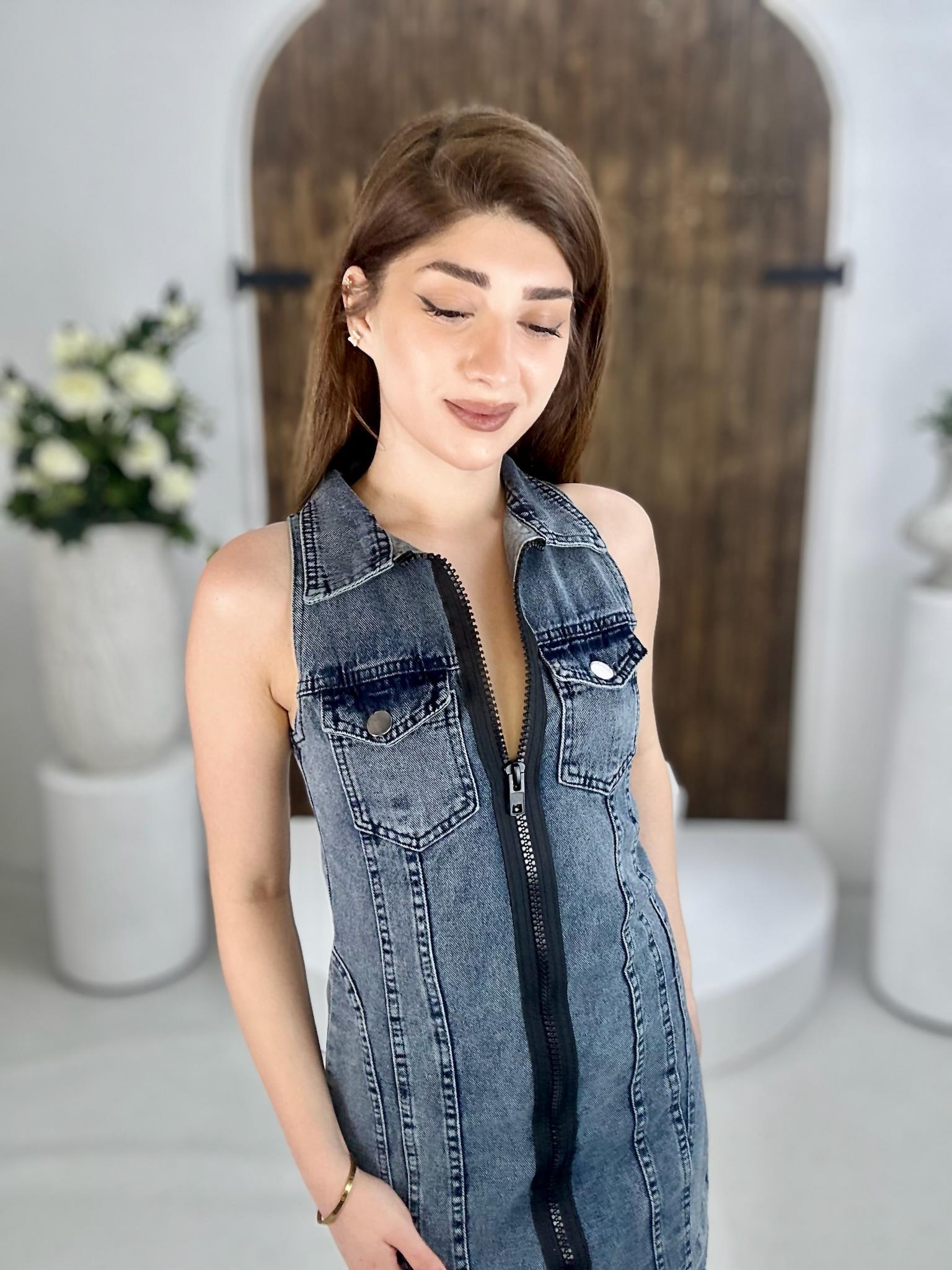 Gri Yıkamalı Jean Kumaş Boydan Fermuarlı Elbise