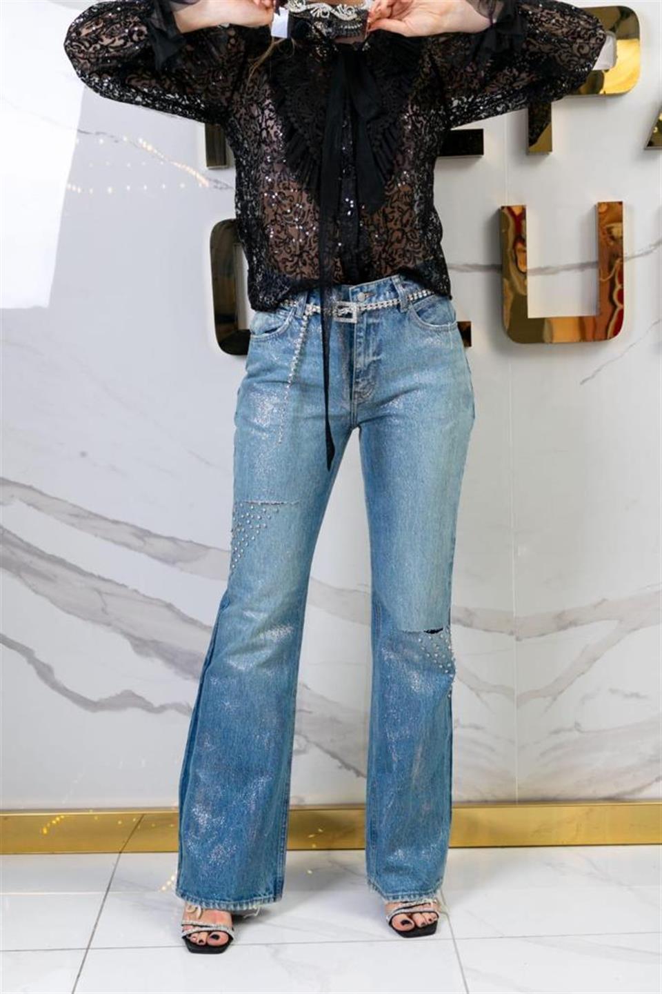 Gümüş Sim Yıkamalı Taş Dizayn Kemer Dahil Jean