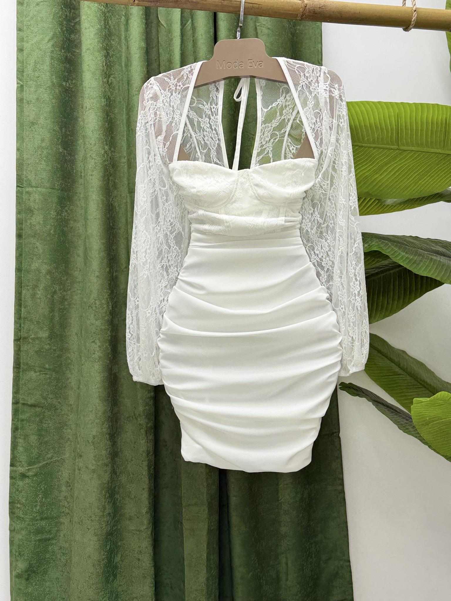 Güpür Detaylı Gloplu Drapeli Tasarım Elbise Beyaz