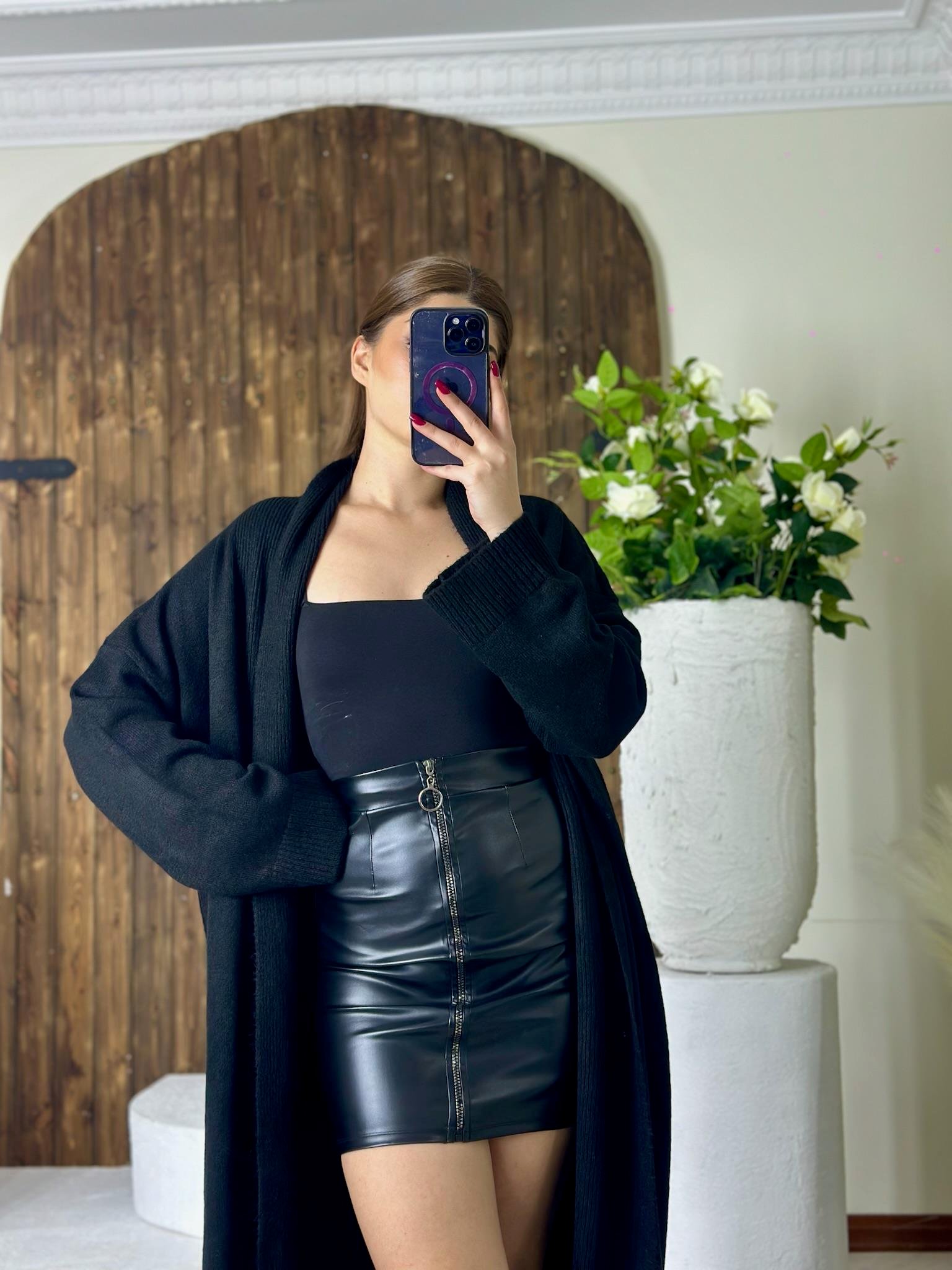 Halka Fermuarlı Full Likralı Pu Siyah Deri Etek