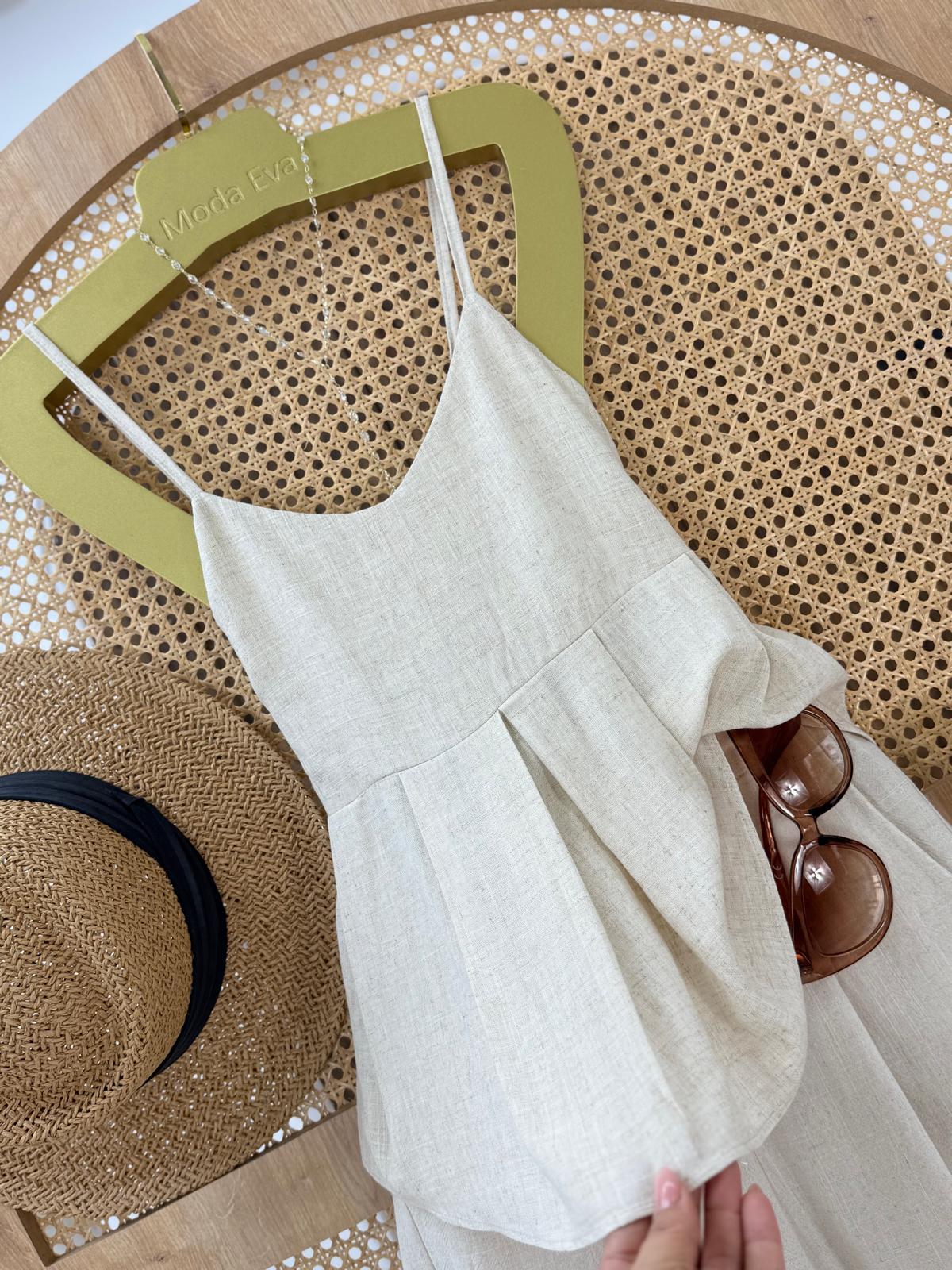 Ham Keten Kumaş Askılı Sırt Gipeli Rahat Kesim Bluz 