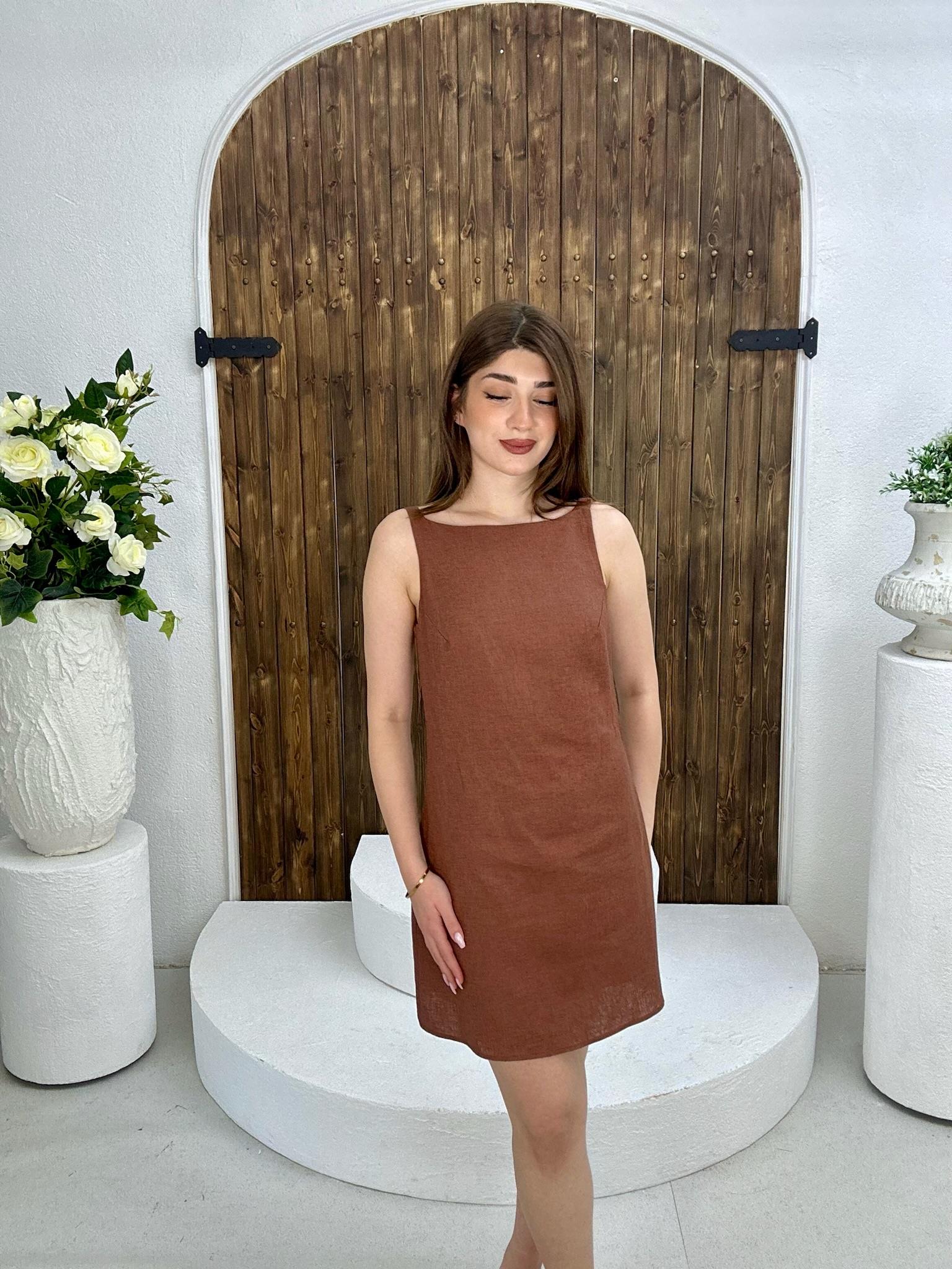 Ham Keten Kumaş Basic Elbise Kahverengi