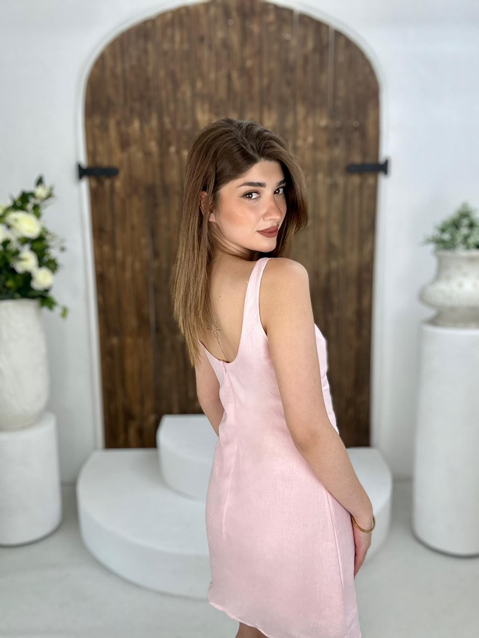 Ham Keten Kumaş Basic Elbise Pudra