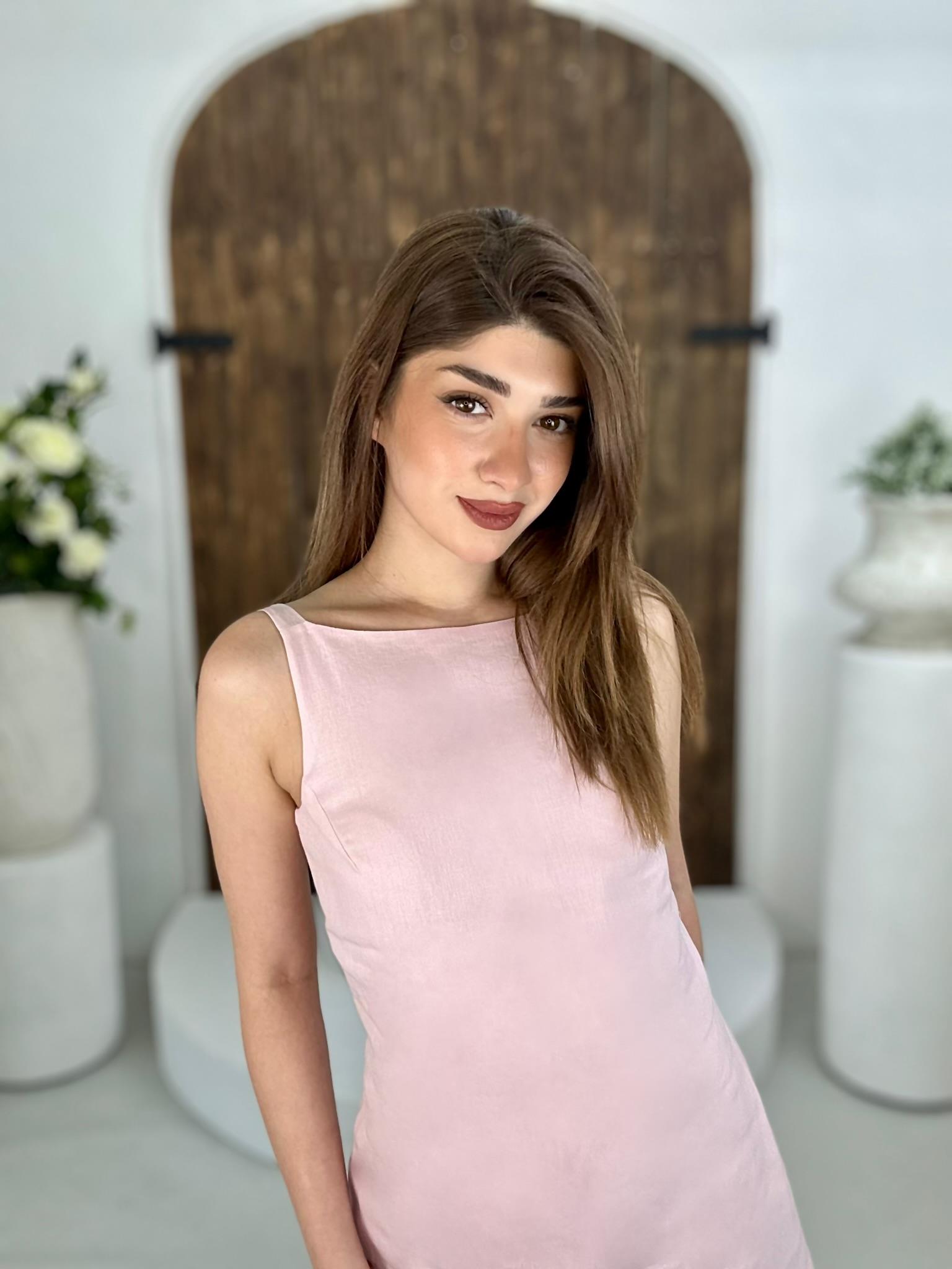 Ham Keten Kumaş Basic Elbise Pudra