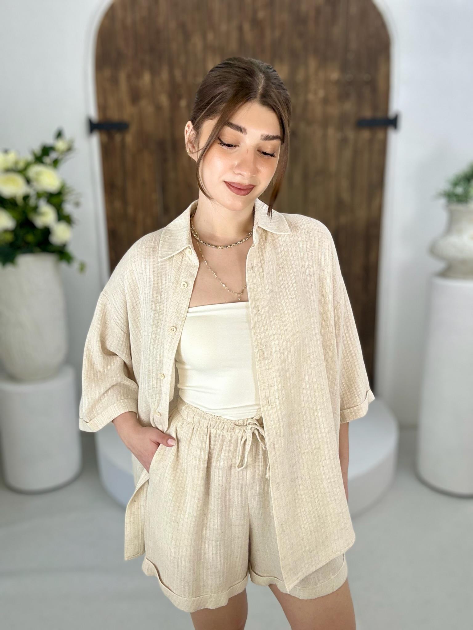 Ham Keten Kumaş Gömlek Şort İkili Takım