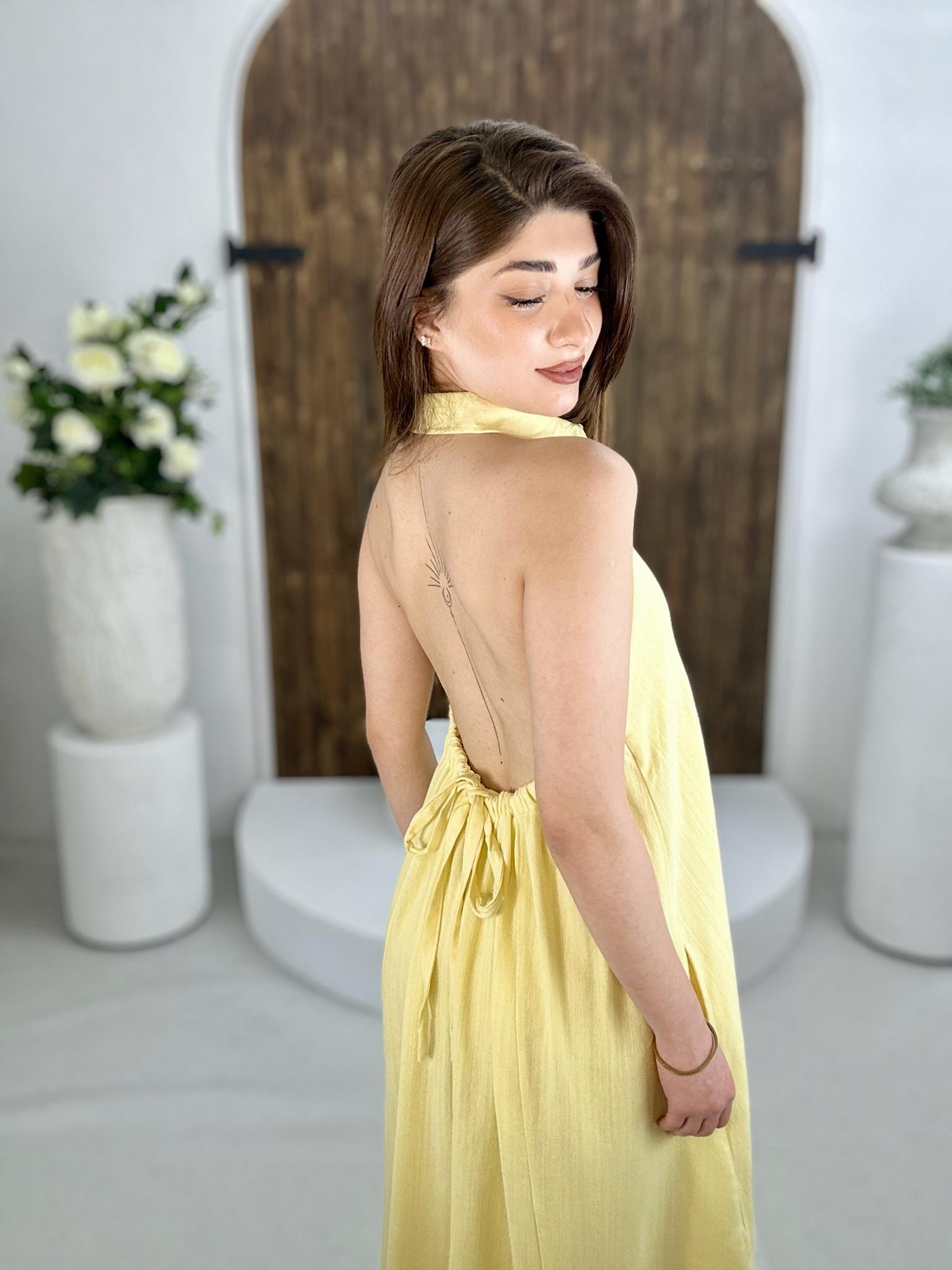 Ham Keten Kumaş Sırt Detay Uzun Gömlek Elbise Sarı