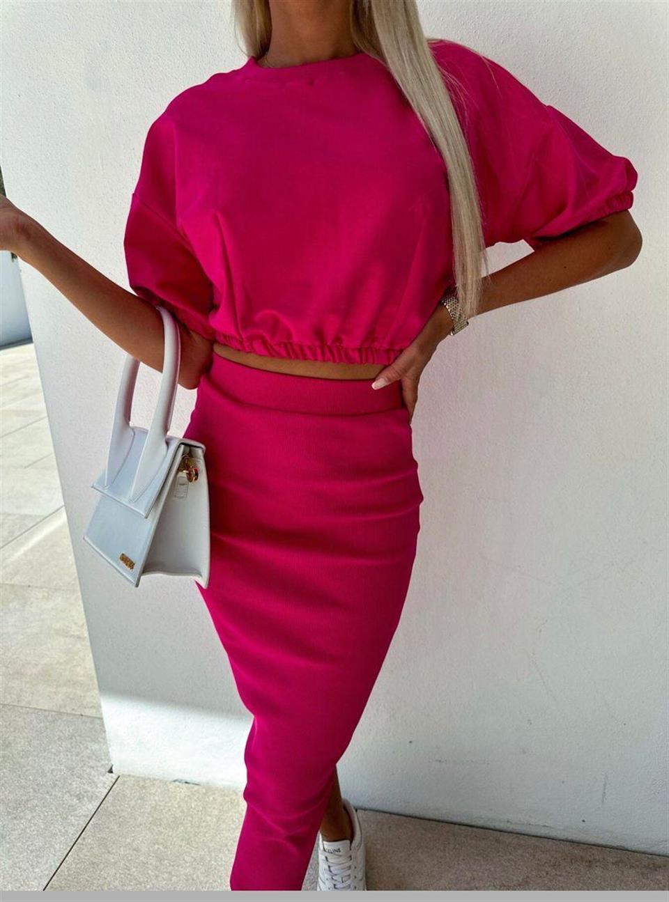 İki İplik Dokuma Kumaş Midi Kalem Etek Lastik Detay Bluz İkili Takım