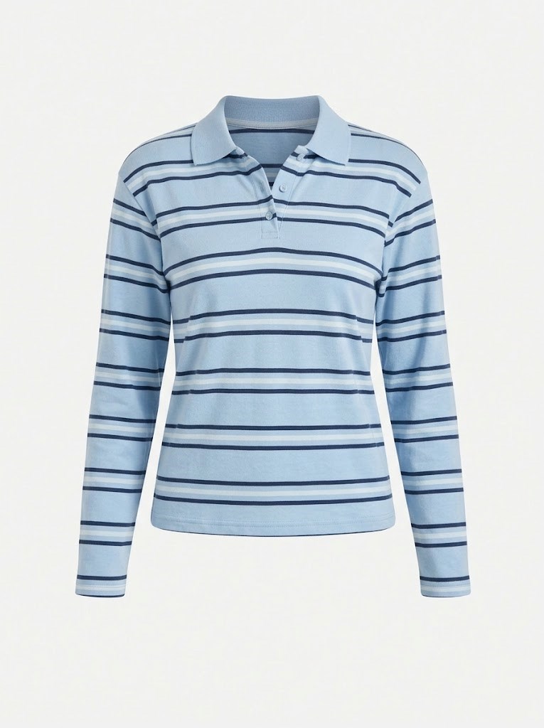İki İplik Polo Yaka Çizgili Sweatshirt Bebe Mavisi
