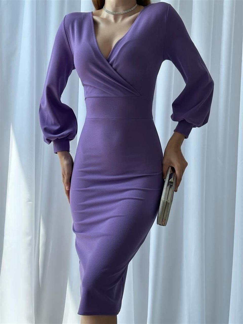 İthal Crep Dokuma Kumaş Kruvaze Yaka Kol Manşetli Kalem Elbisemiz 