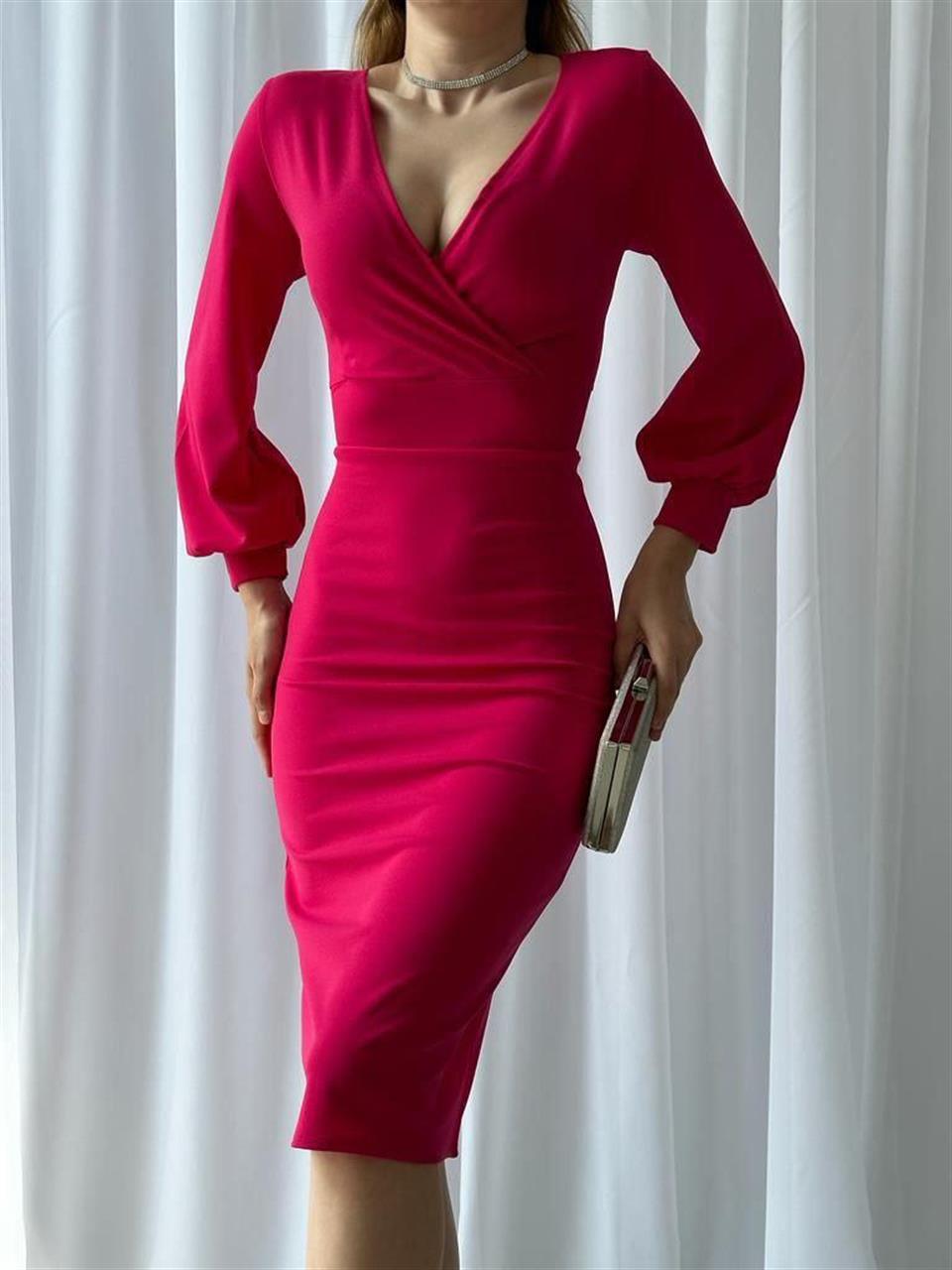 İthal Crep Dokuma Kumaş Kruvaze Yaka Kol Manşetli Kalem Elbisemiz 