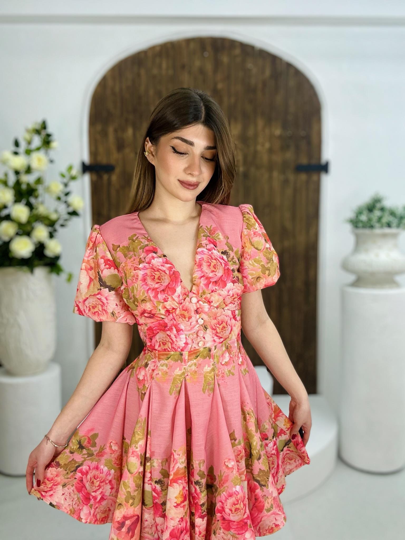 İthal Ham Keten Kumaş Balon Kol Kaplama Düğmeli Tasarım Elbise