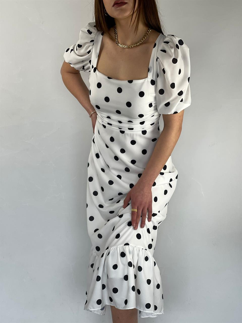 İthal Jenifer Crep Kumaş Kare Yaka Puantiye Desen Midi Boy Elbise