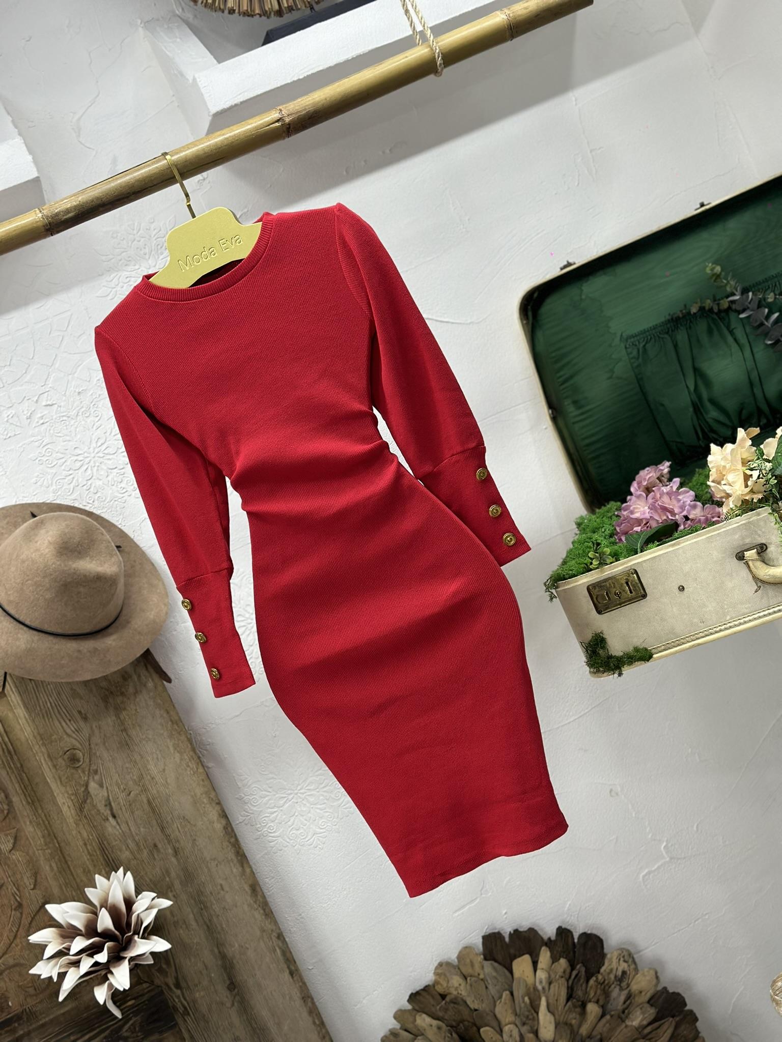 İthal Kaşkorse Kumaş Balon Kol Düğme Detaylı Kırmızı Kalem Elbisemiz