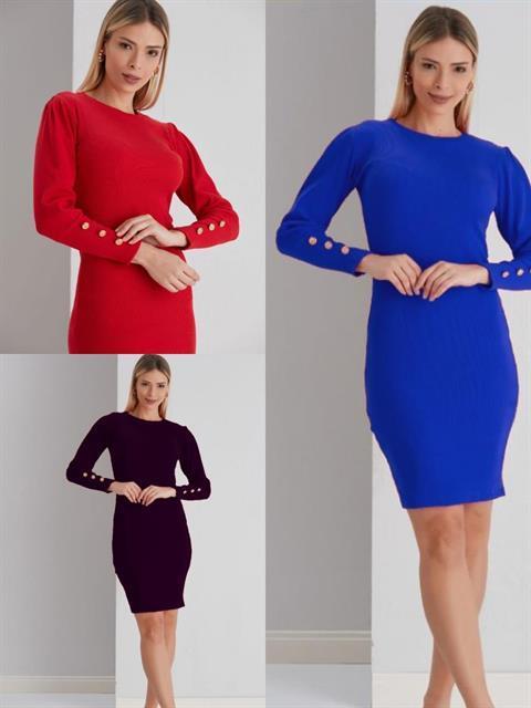 İthal Kaşkorse Kumaş Balon Kol Düğme Detaylı Kırmızı Kalem Elbisemiz