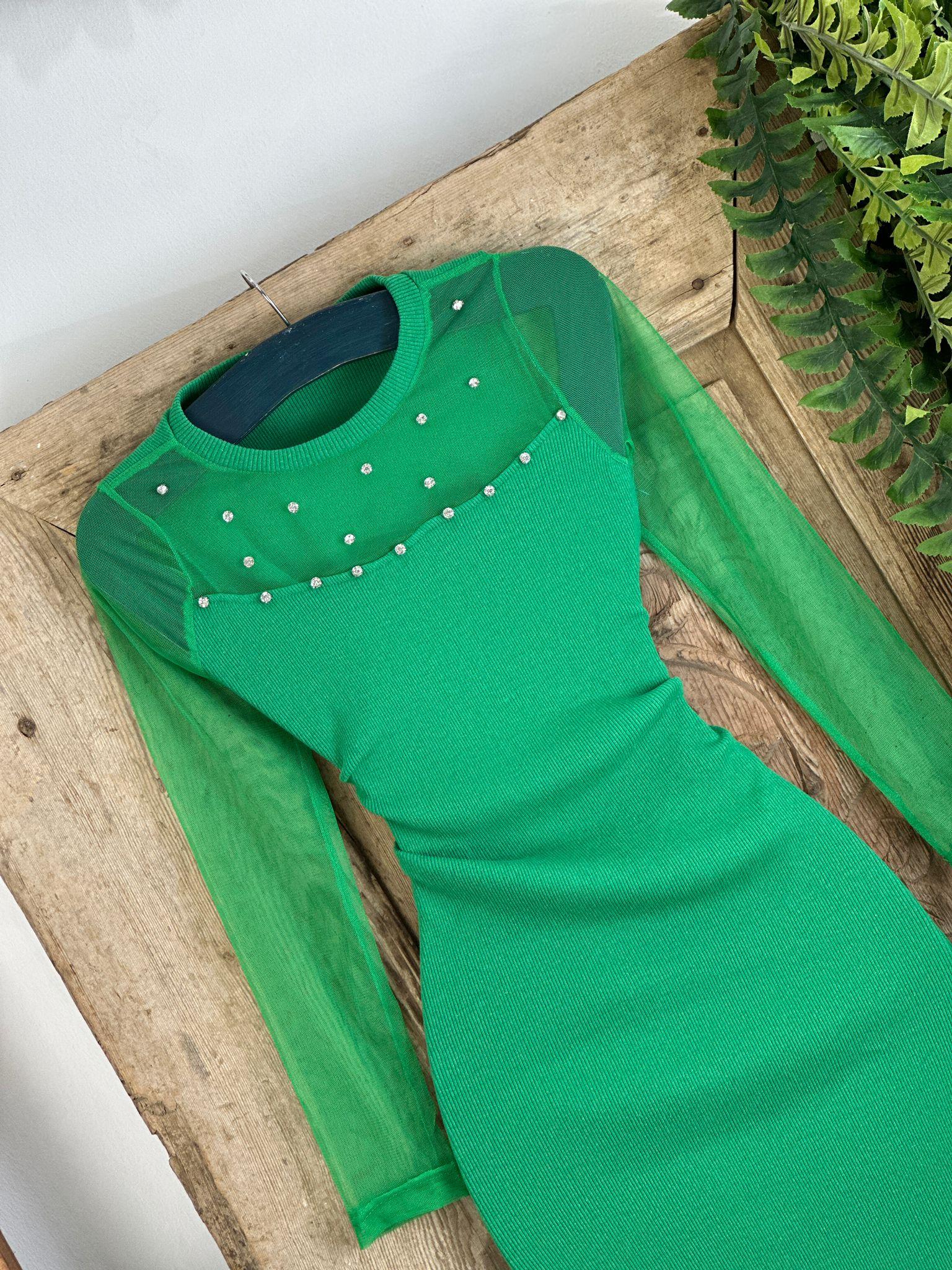 İthal Kaşkorse Kumaş Yakası Taşlı Tül Detaylı  Kalem Elbisemiz