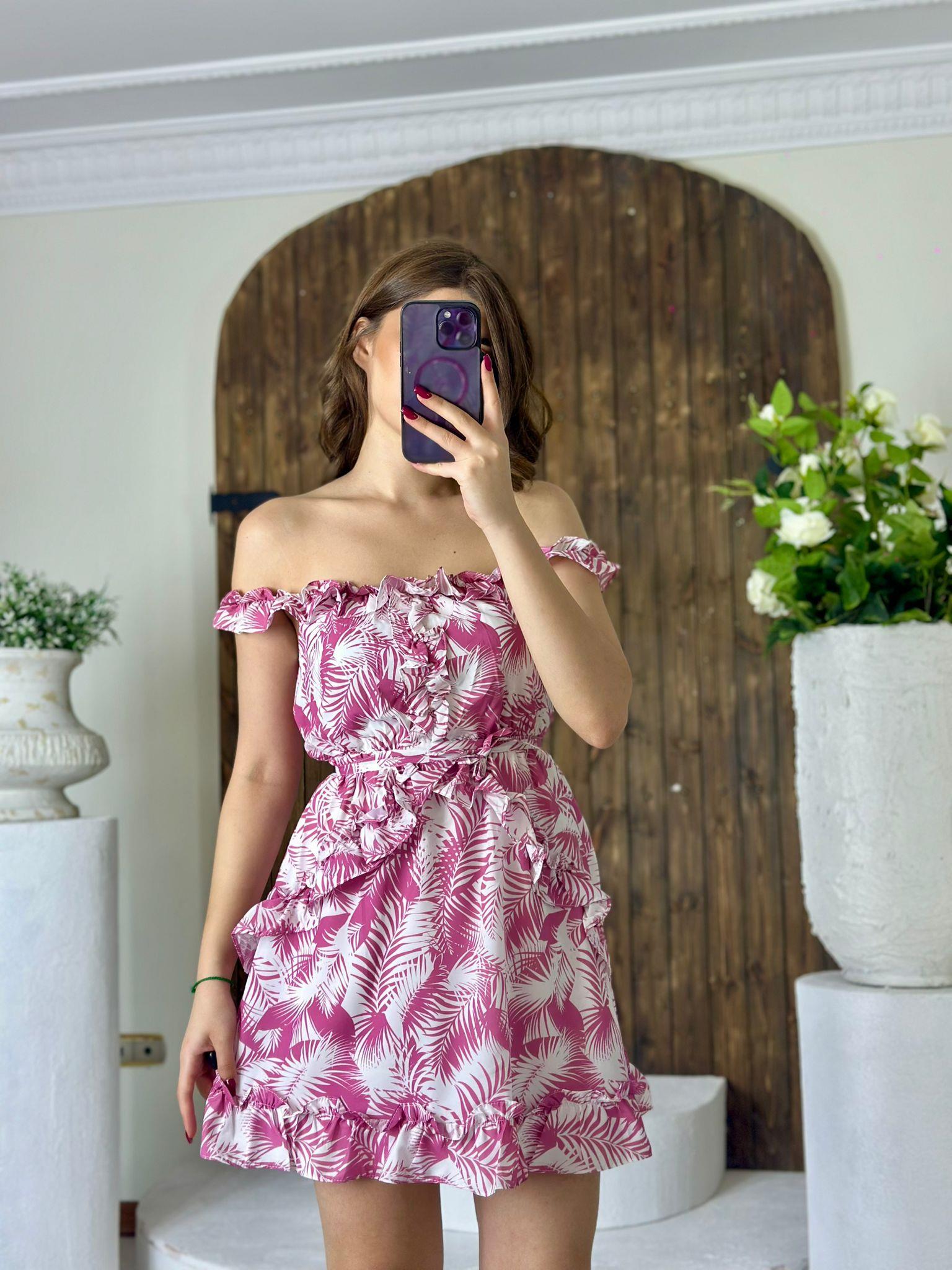 İthal Keten Kumaş Yaprak Desenli Elbise