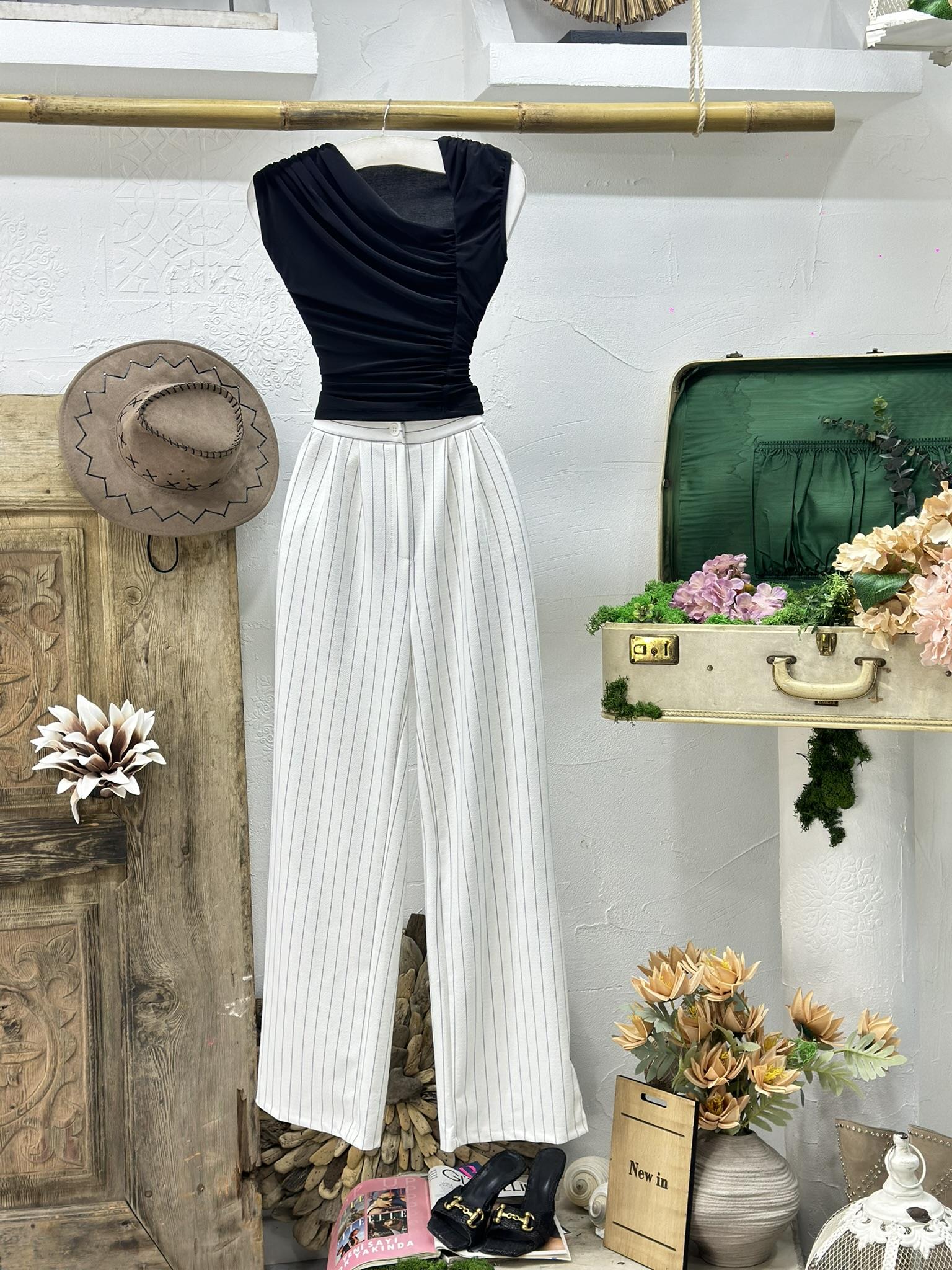 İthal Örme Crep Kumaş Çizgi Desen Palazzo Pantolon