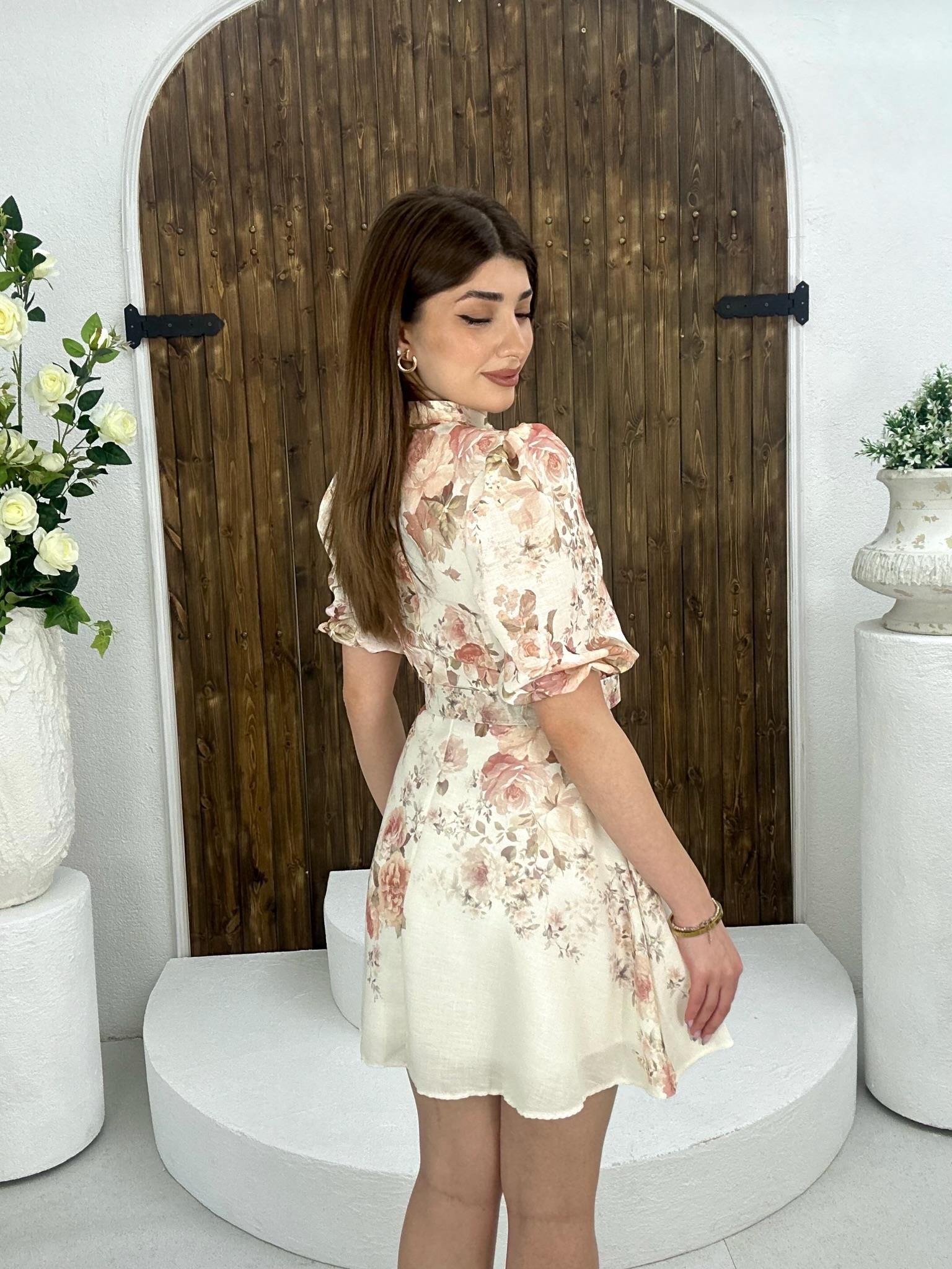 İthal Şifon Kumaş Kaplama Kemerli Çiçek Desen Elbise