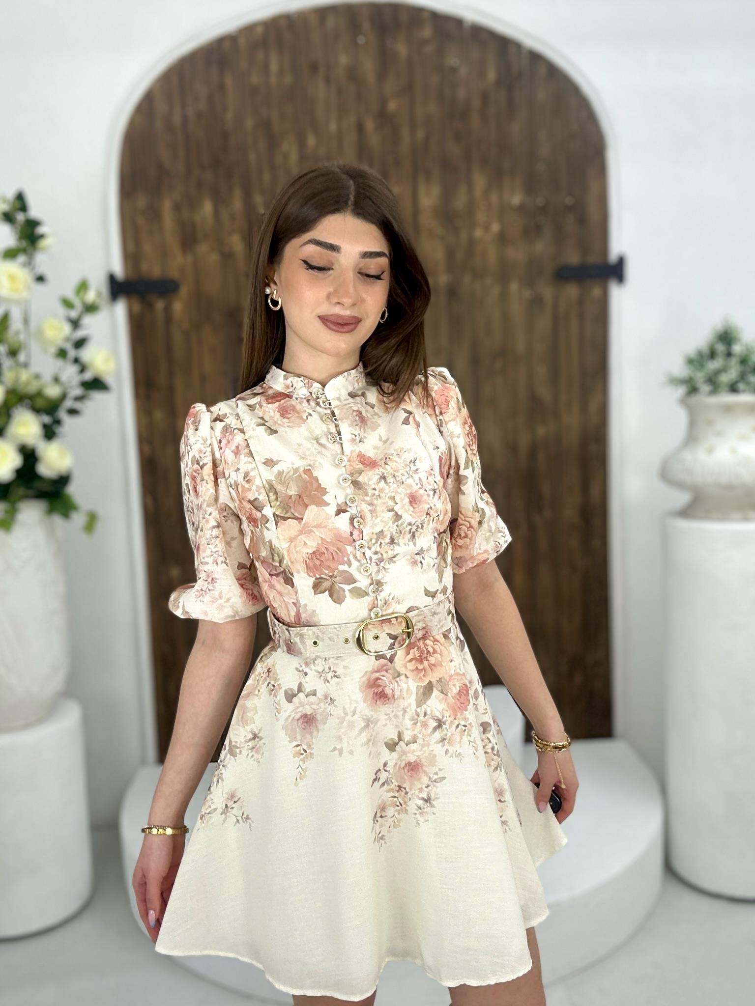 İthal Şifon Kumaş Kaplama Kemerli Çiçek Desen Elbise