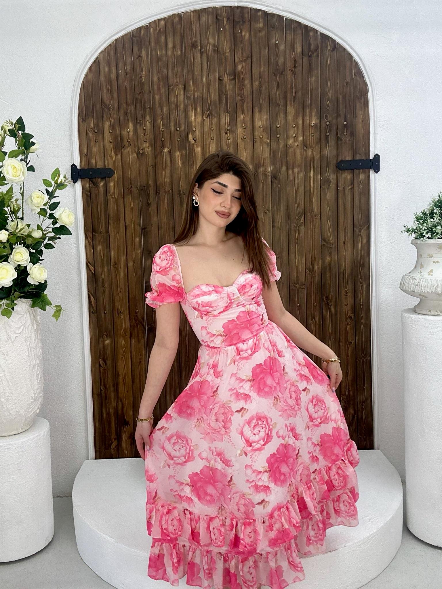 İthal Şifon Kumaş Kalp Yaka Uzun  Çiçek Desen Elbise