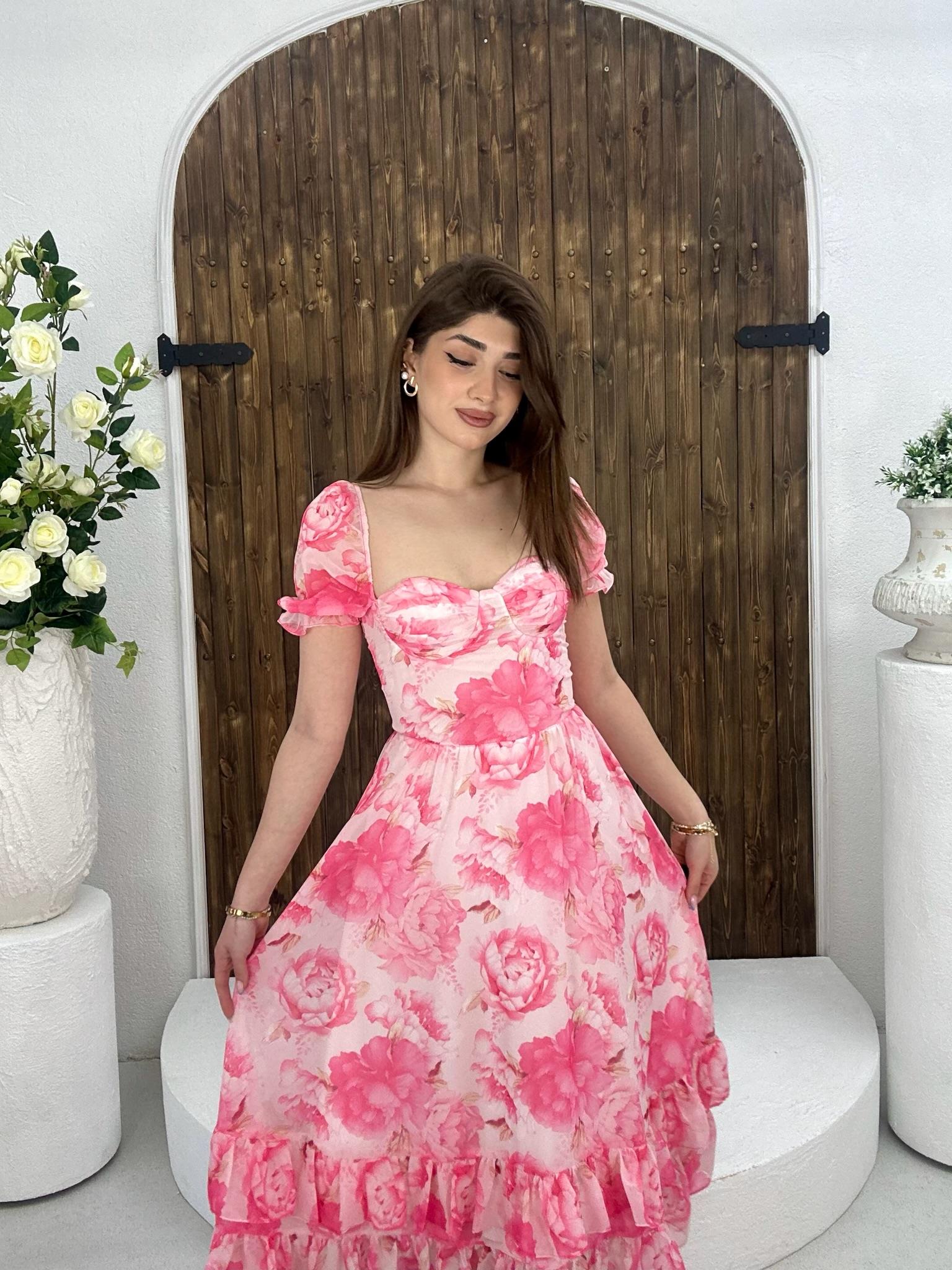 İthal Şifon Kumaş Kalp Yaka Uzun  Çiçek Desen Elbise