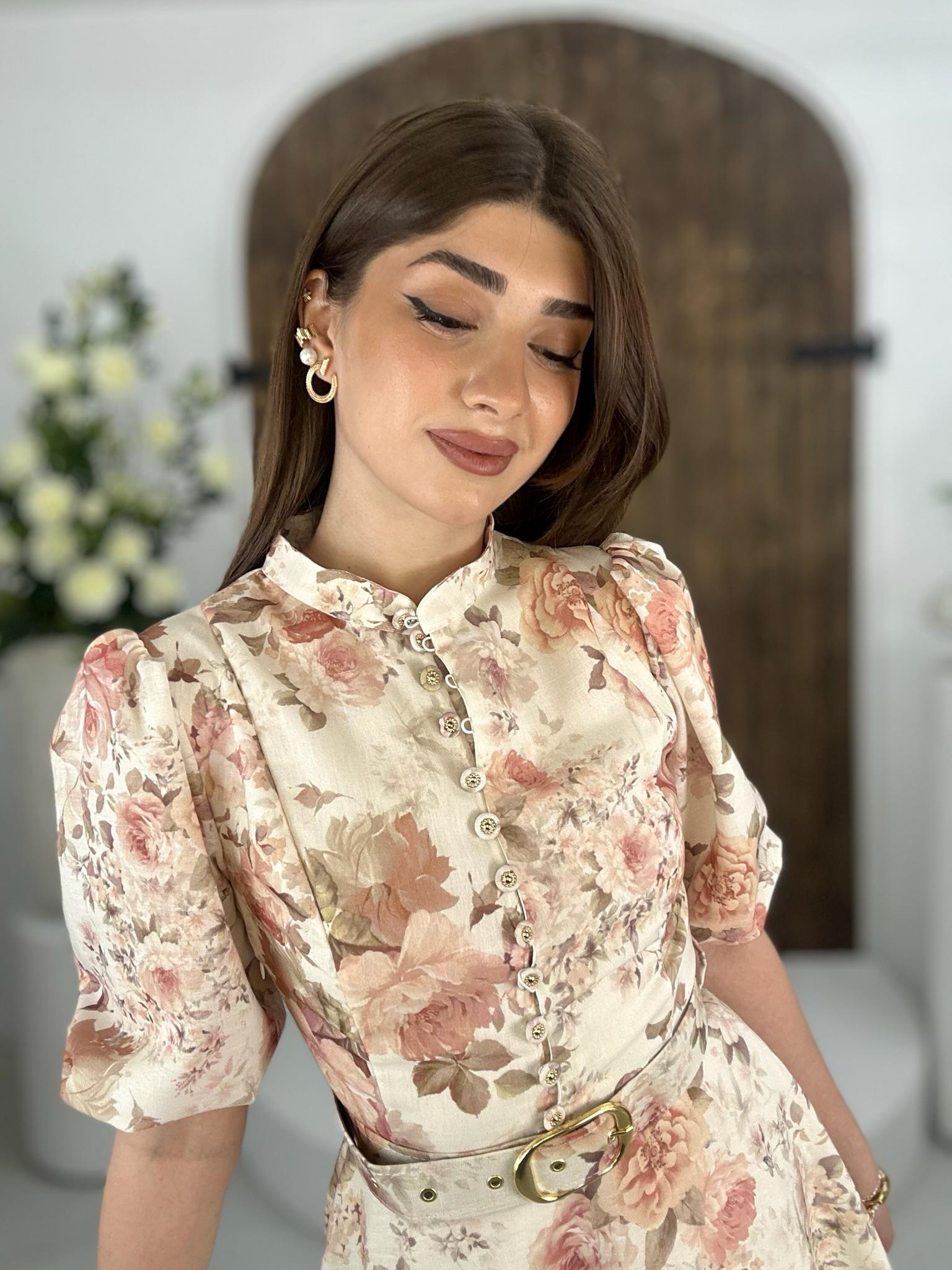 İthal Şifon Kumaş Kaplama Kemerli Çiçek Desen Elbise