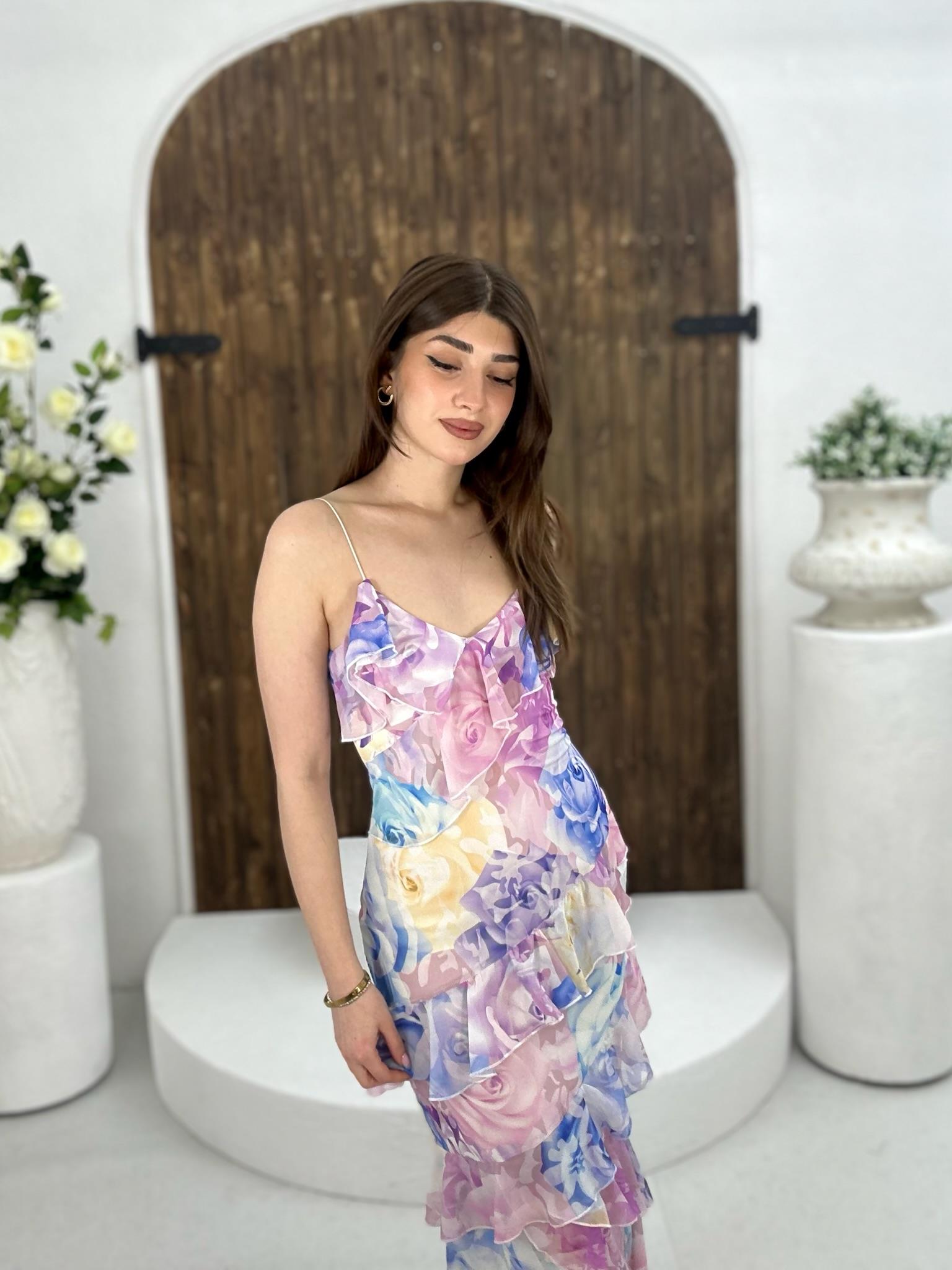 İthal Şifon Kumaş Volanlı Midi Boy Çiçek Desen Elbise Mor