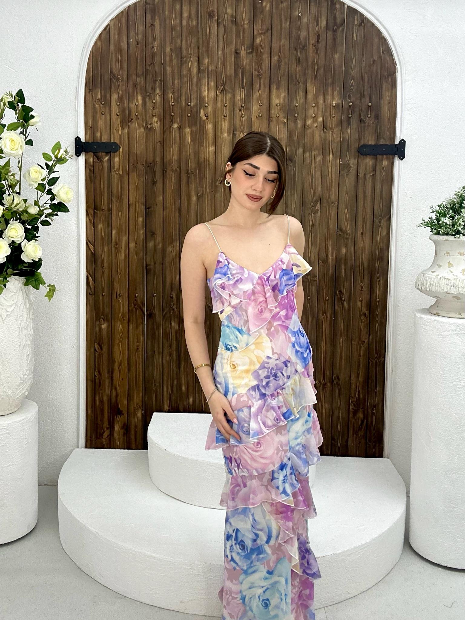 İthal Şifon Kumaş Volanlı Midi Boy Çiçek Desen Elbise Mor