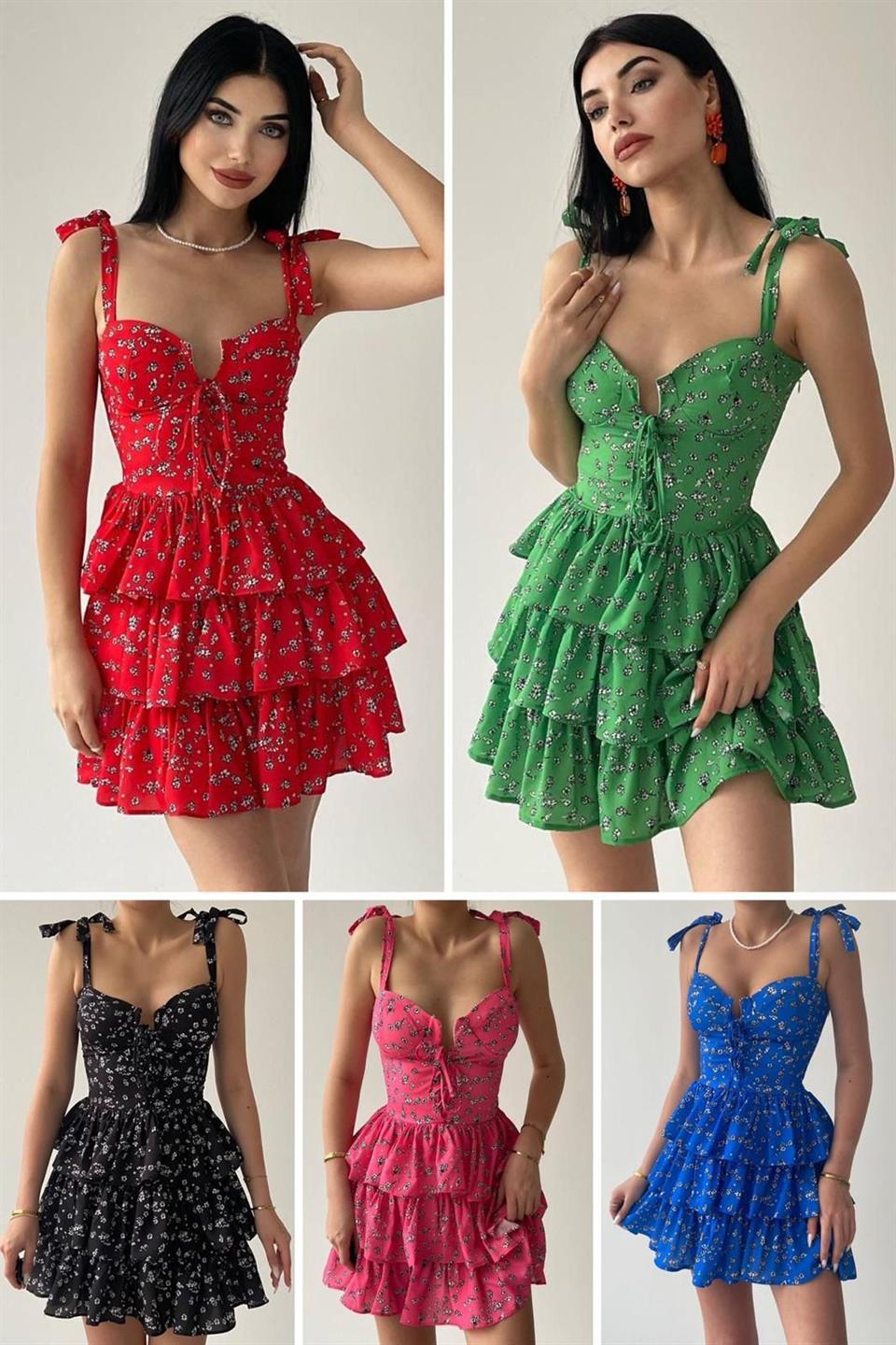 Jenifer Kumaş Çıtır Desen Kuşgözü Detay Kat Etekli Renkli Elbise