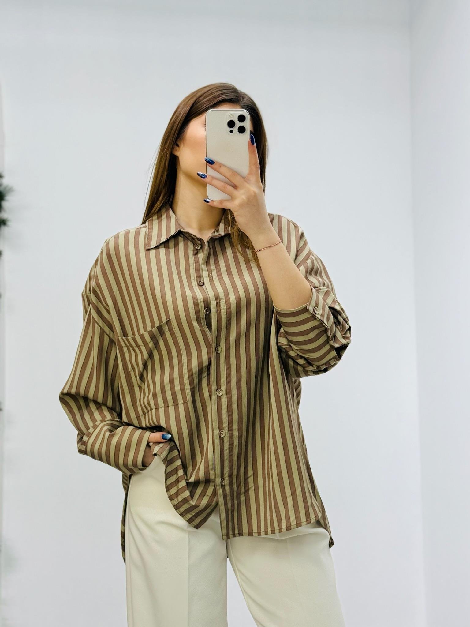 Kahve Çizgili Oversize Gömlek Kahve