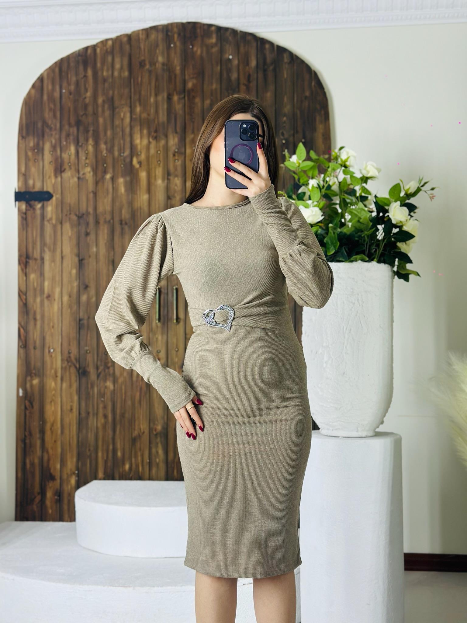 Kalp Aksesuar Detaylı Balon Kol Kalem Kahverengi  Elbise 