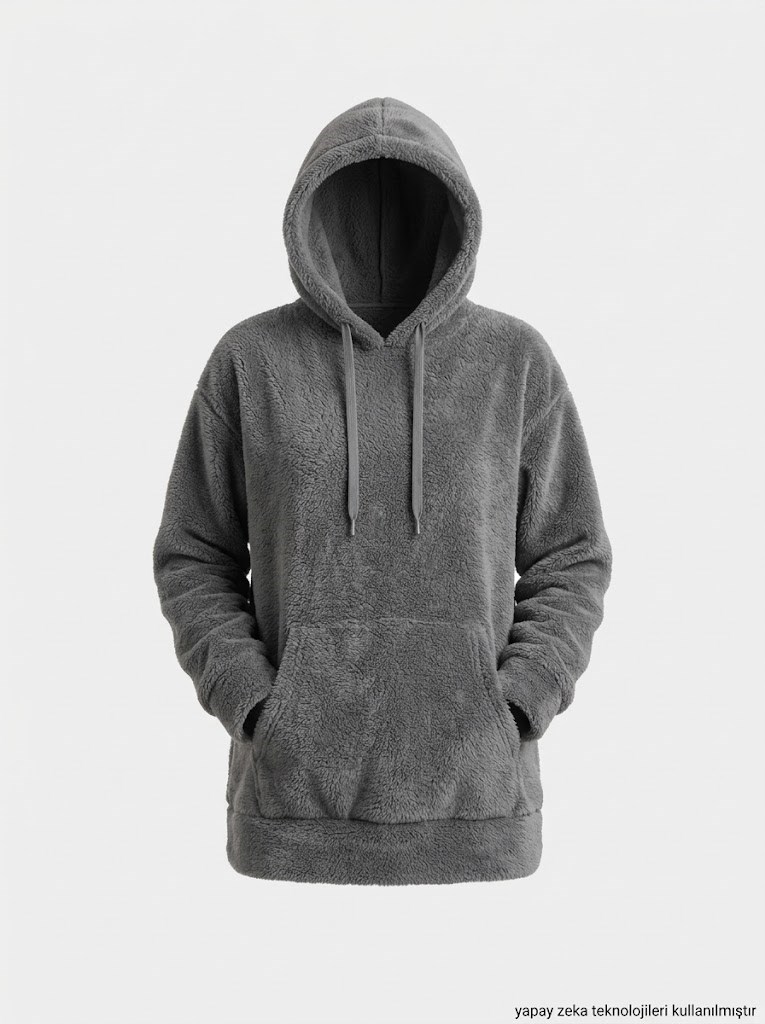 Kanguru Cepli Kapişonlu Peluş Sweat Elbise Gri