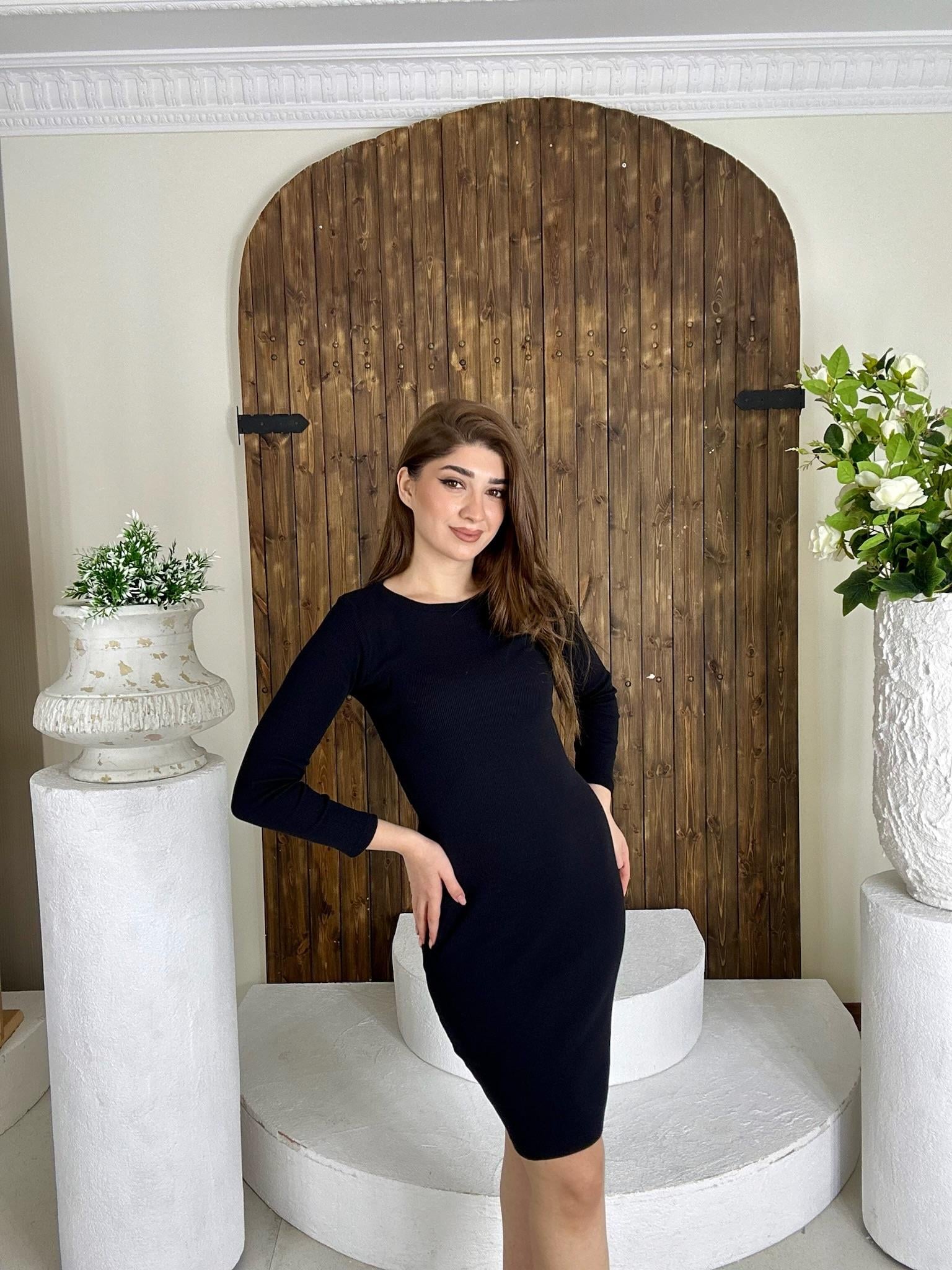 Kaşkorse Kumaş Basic Yuvarlak Yaka Uzun Kollu Kalem Siyah Elbise