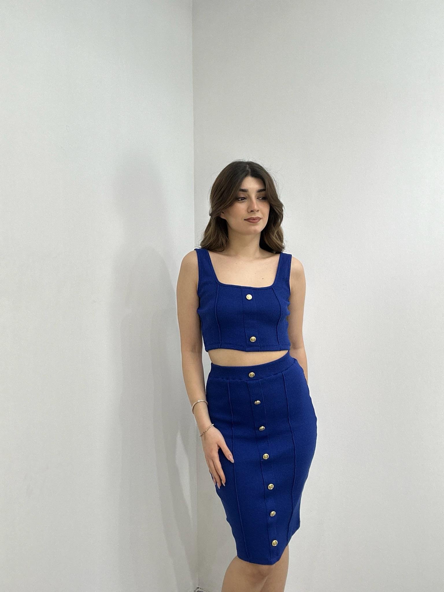 Kaşkorse Kumaş Gold Düğmeli Etek Crop İkili Takım Saks