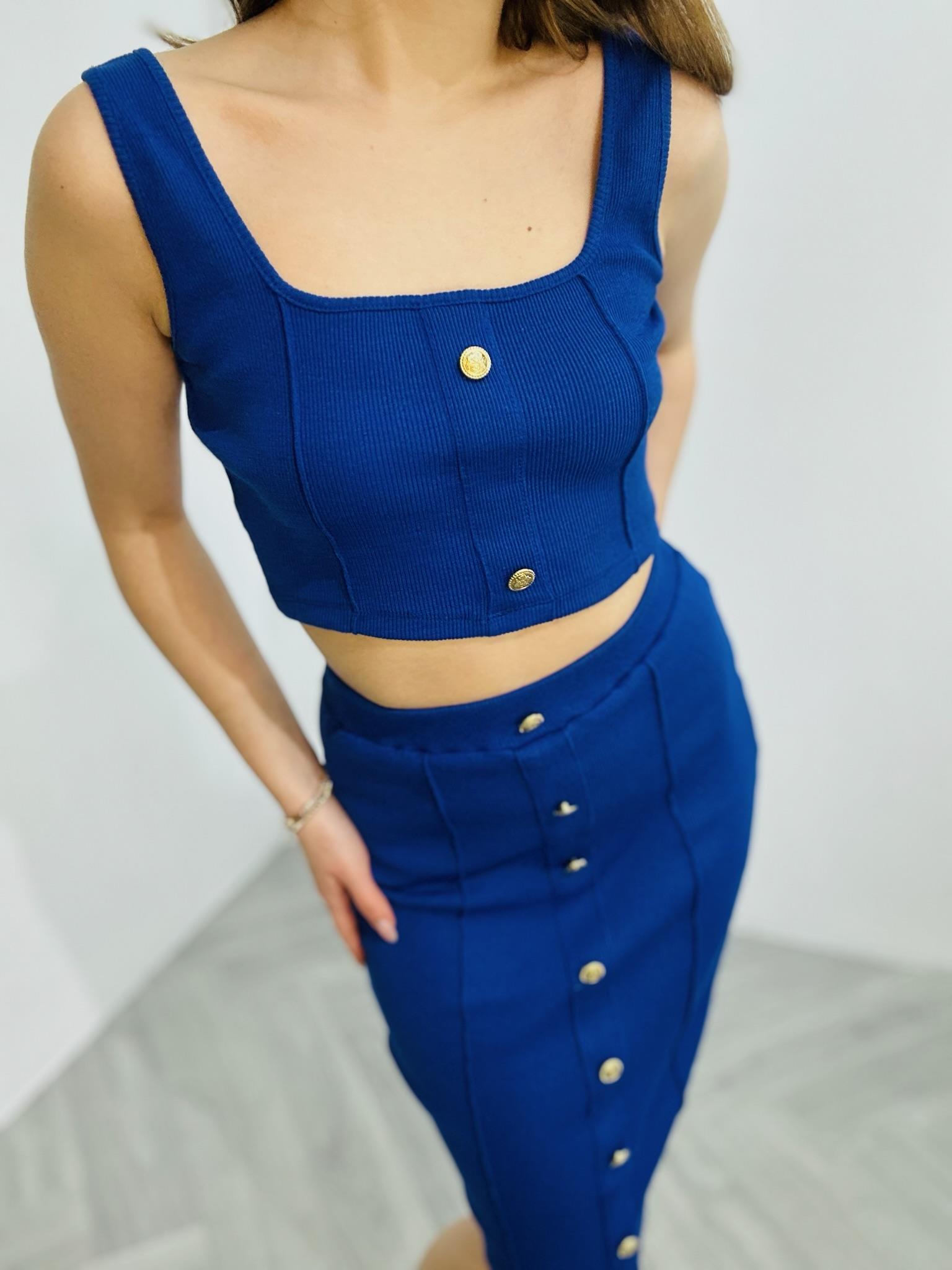 Kaşkorse Kumaş Gold Düğmeli Etek Crop İkili Takım Saks