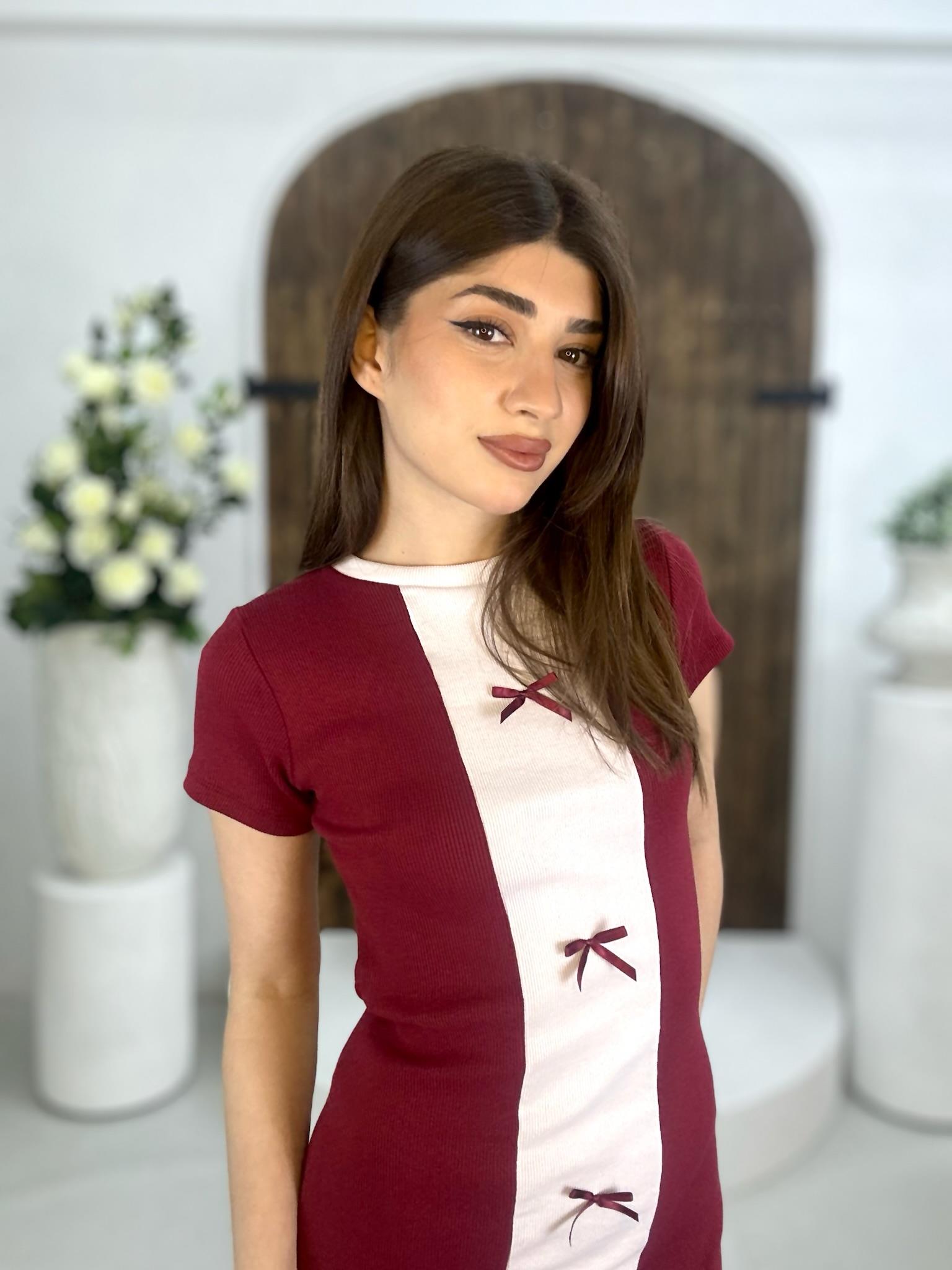 Kaşkorse Kumaş Kurdela Detay Kalem Elbisemiz Bordo