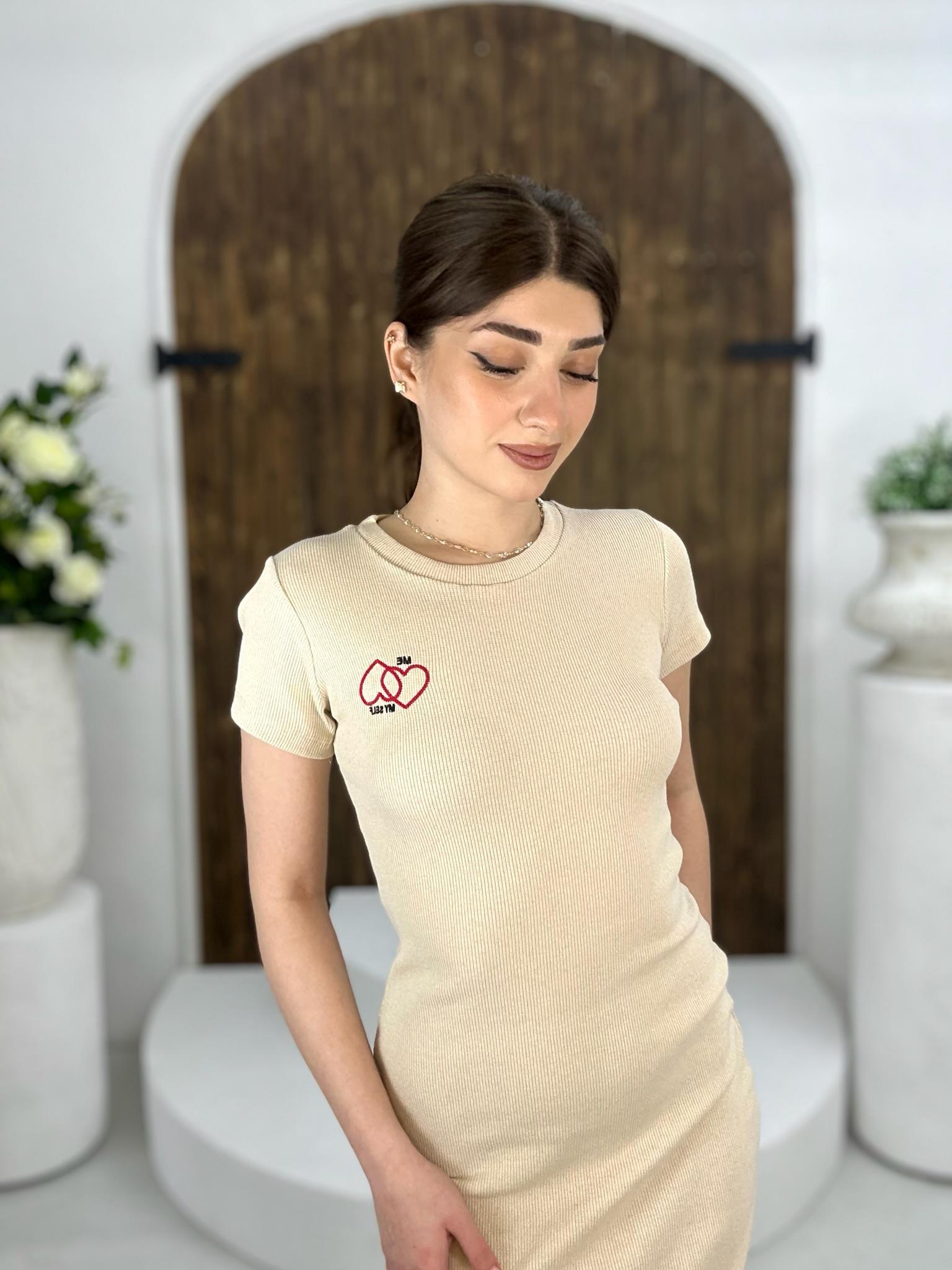 Kaşkorse Kumaş My Self & Kalp Nakışlı Kalem Elbise Krem