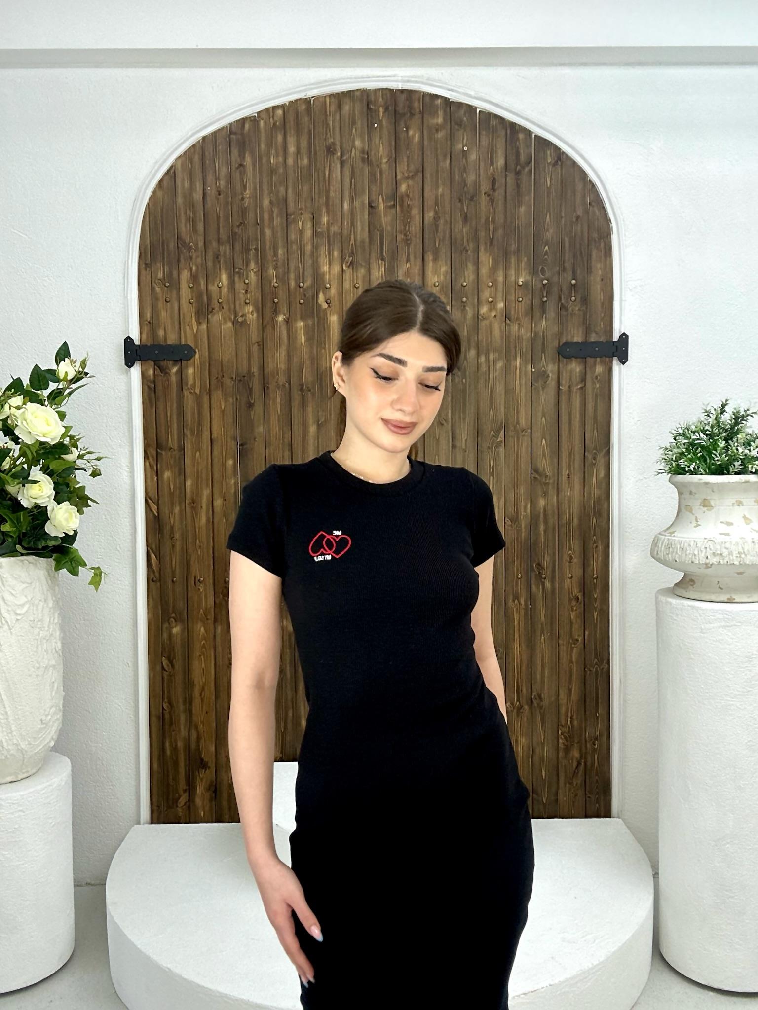 Kaşkorse Kumaş My Self & Kalp Nakışlı Kalem Elbise Siyah