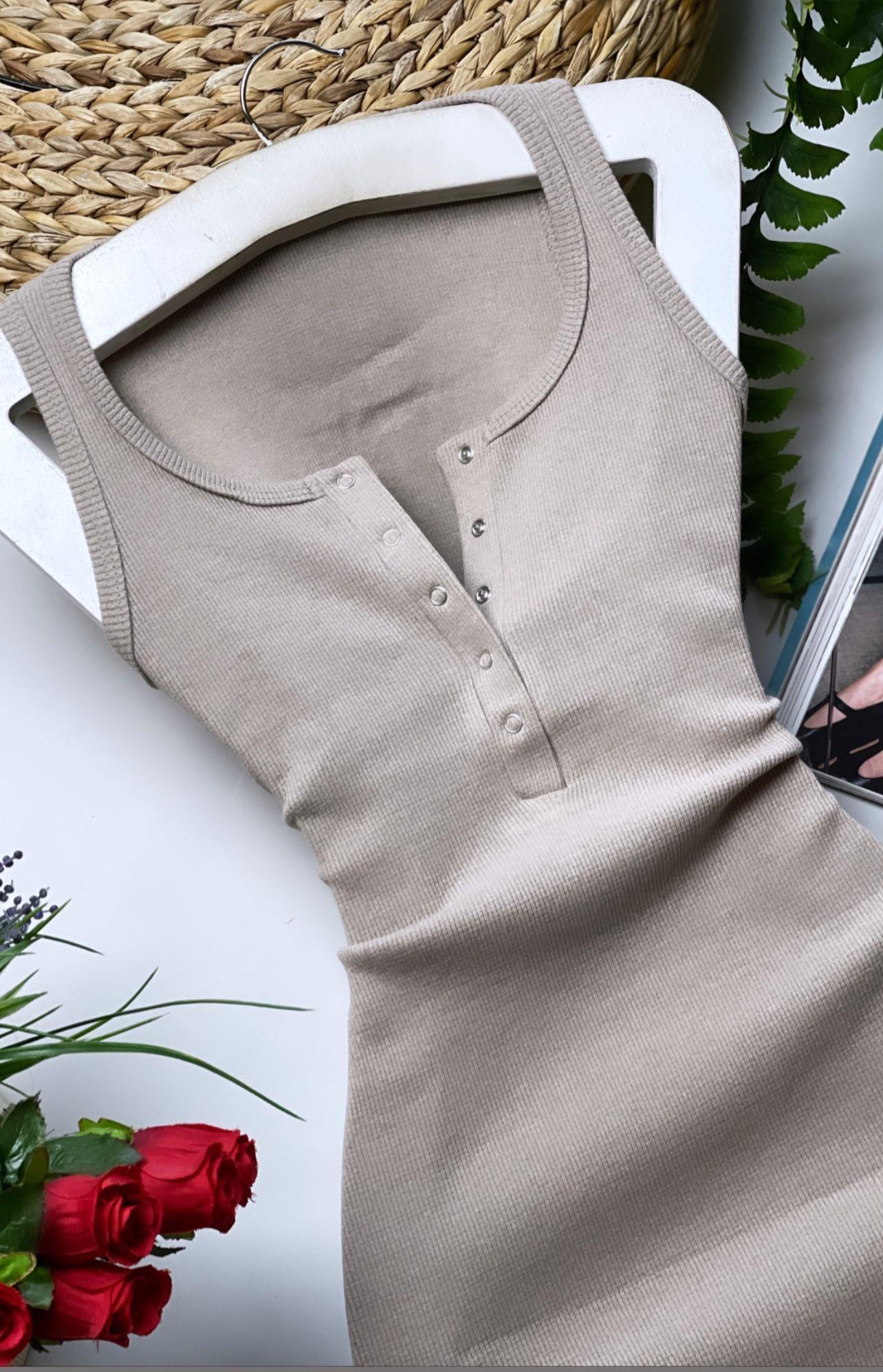 Kaşkorse Kumaş Yaka Düğmeli Kolsuz Elbise