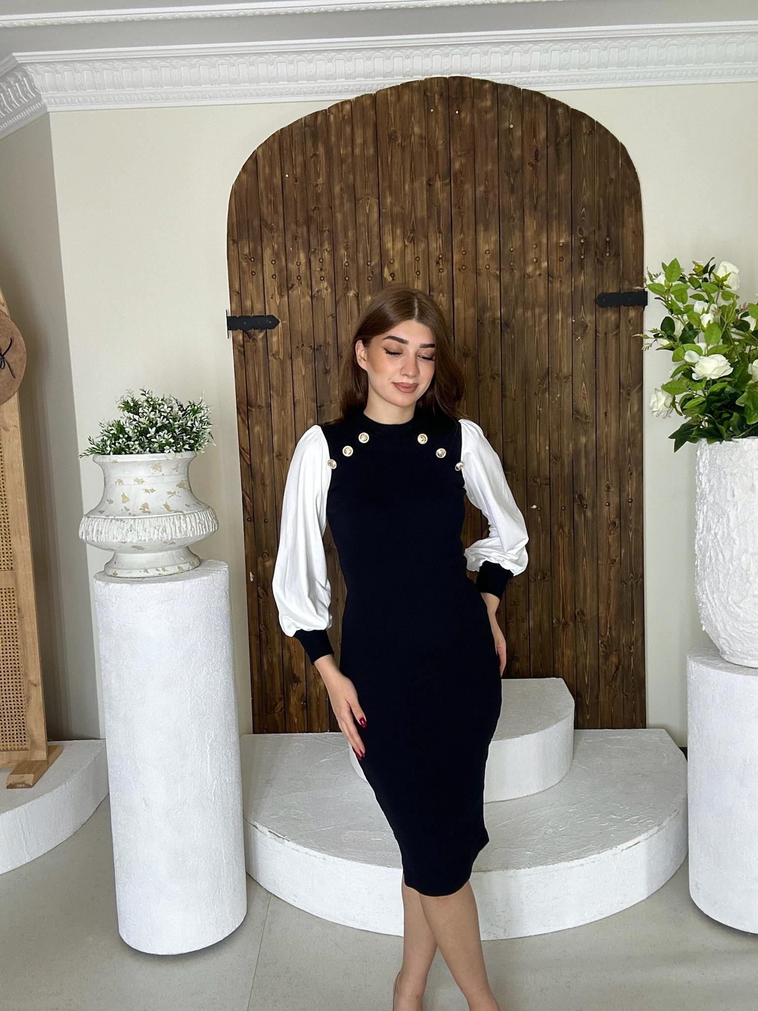 Kaşkorse ve Micro Kumaş Gold Düğmeli Kalem Elbise Siyah