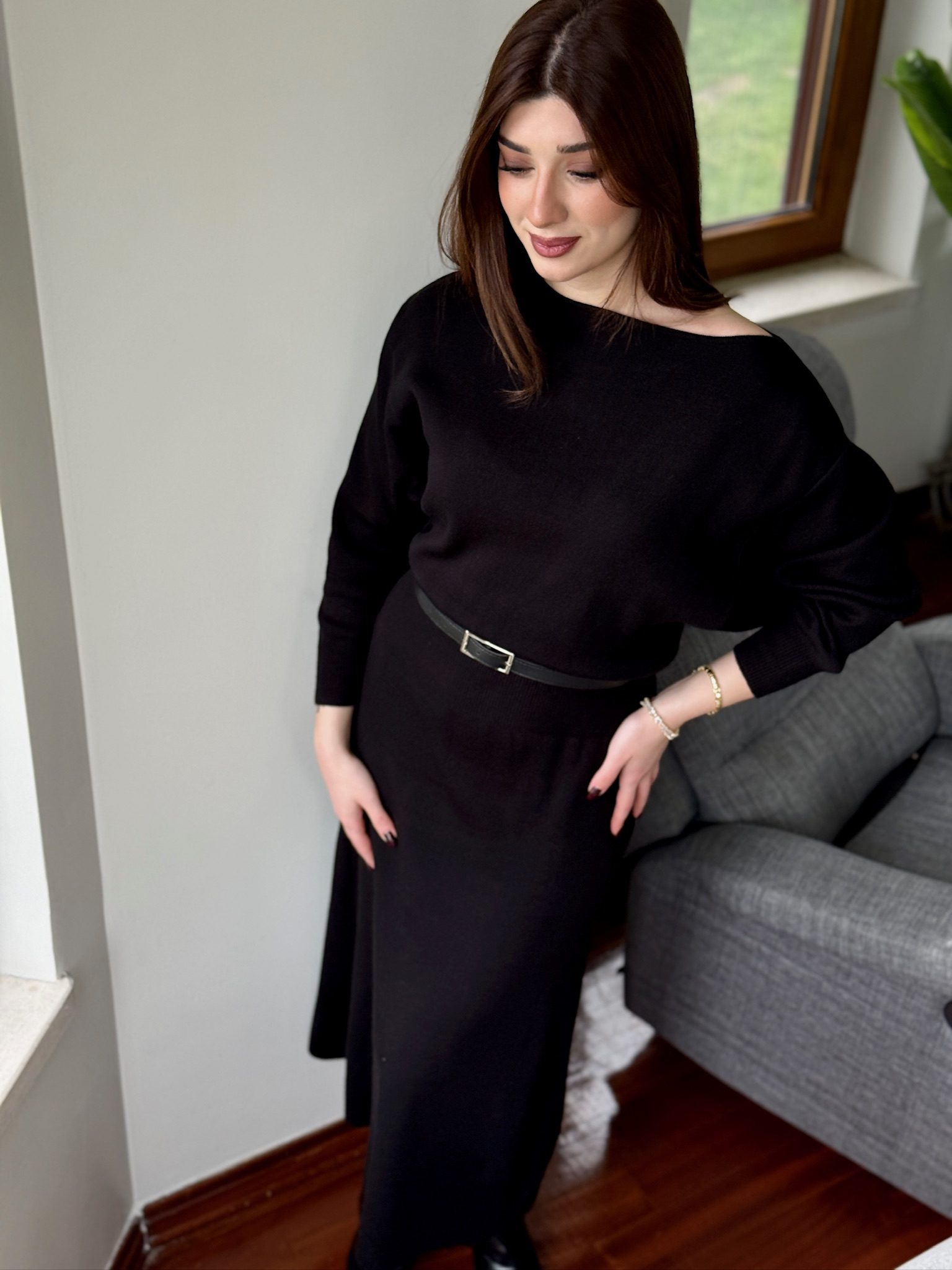 Kayık Yaka Yarasa Kol Kemerli Midi Boy Triko Elbise 