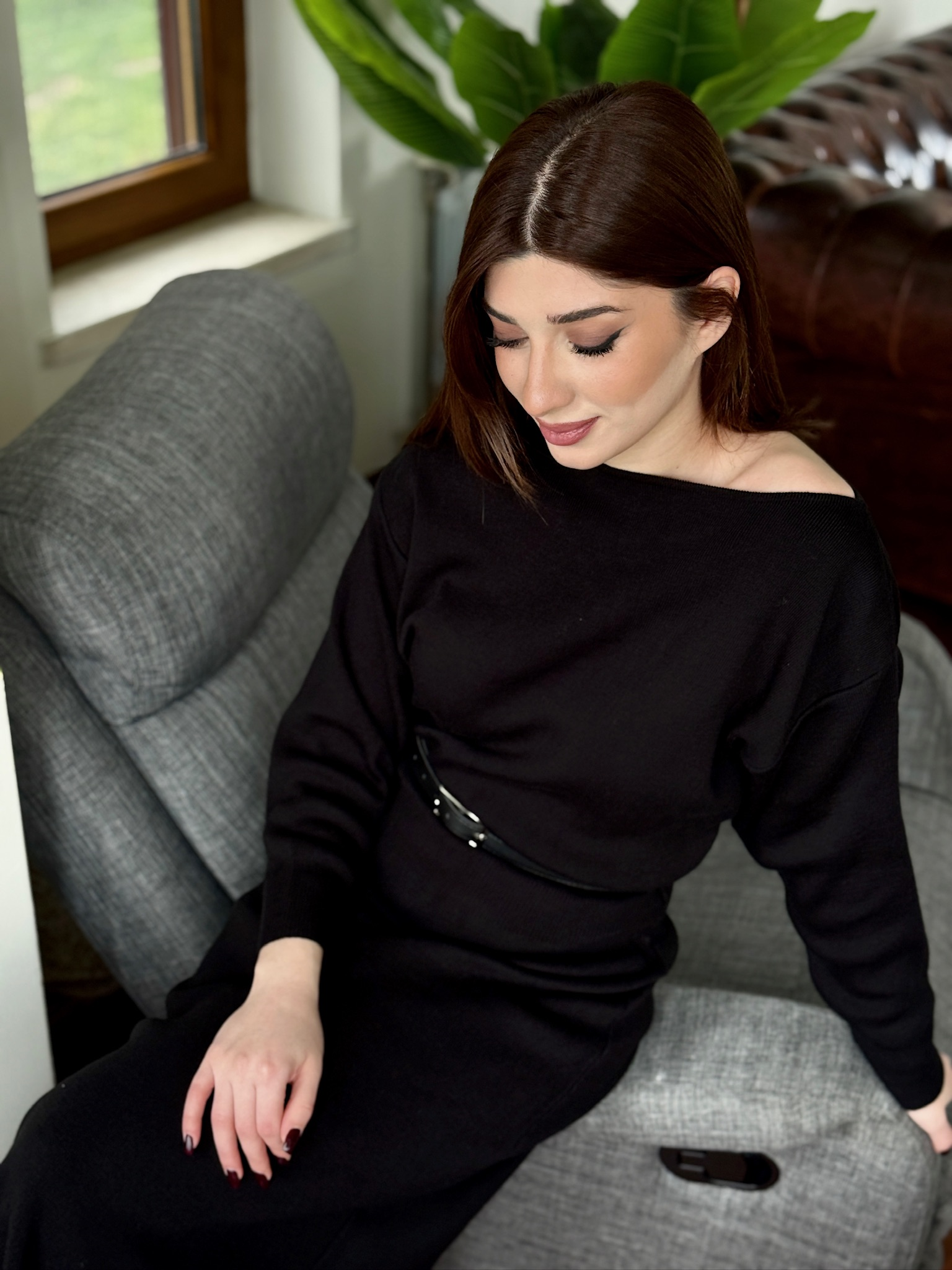 Kayık Yaka Yarasa Kol Kemerli Midi Boy Triko Elbise 