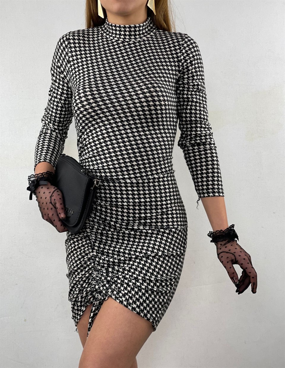 Kazayağı Desen Asansör Büzgülü Scuba Süet Kumaş Elbise 