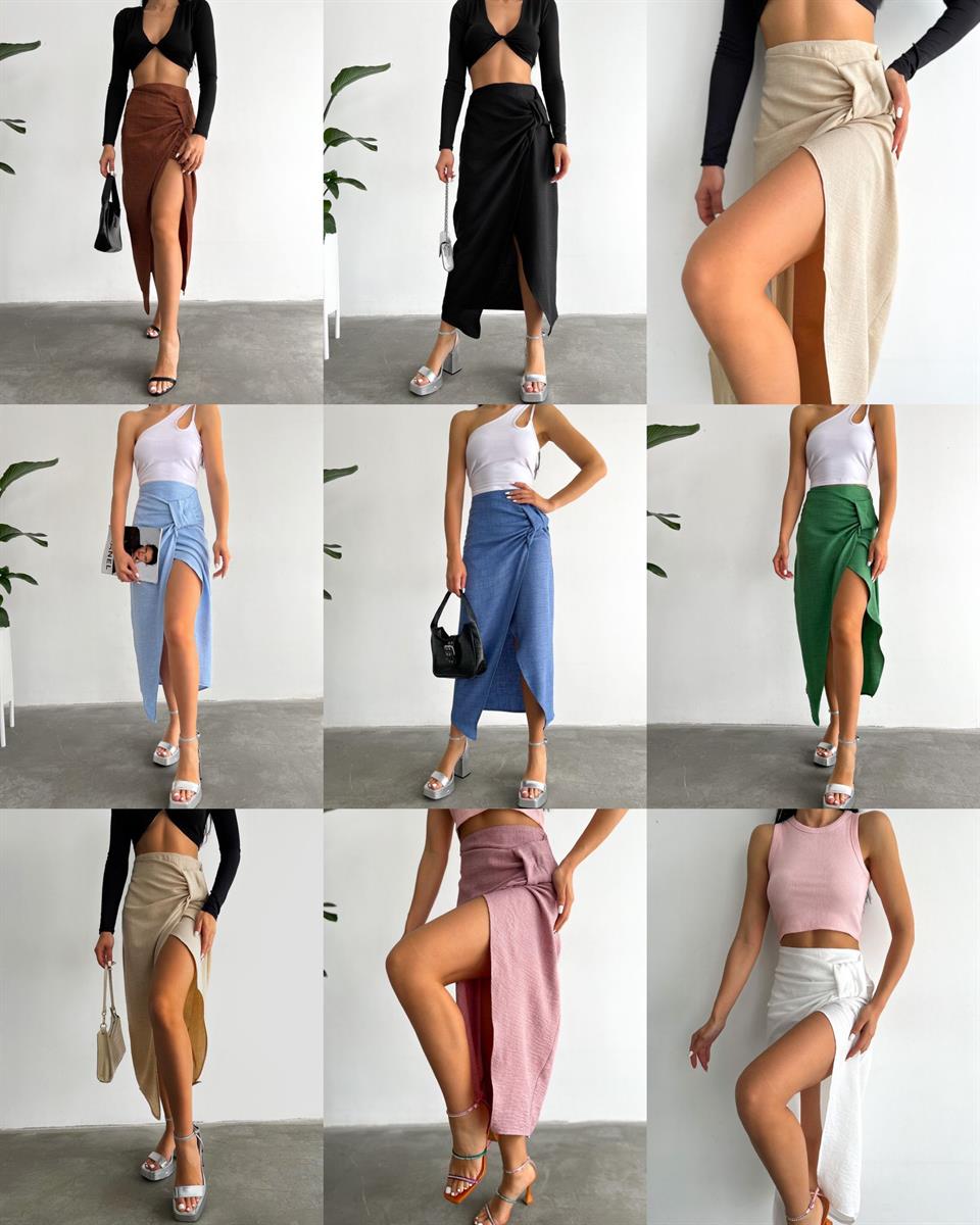 Keten Kumaş Asimetrik Kesim Boğum Detay Midi Boy Etek 