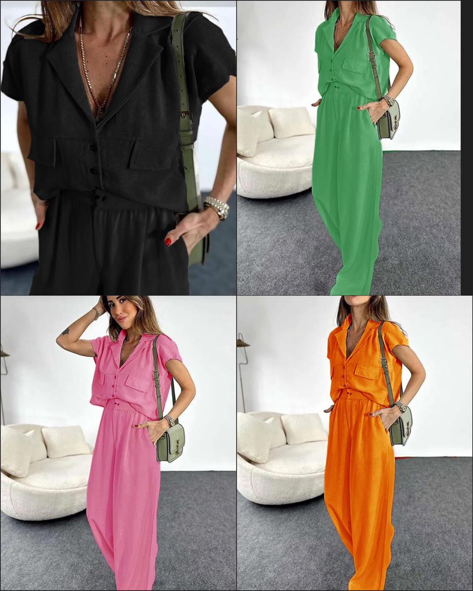 Keten Kumaş Ceket Yaka Gömlek Palazzo Pantolon İkili Takım 