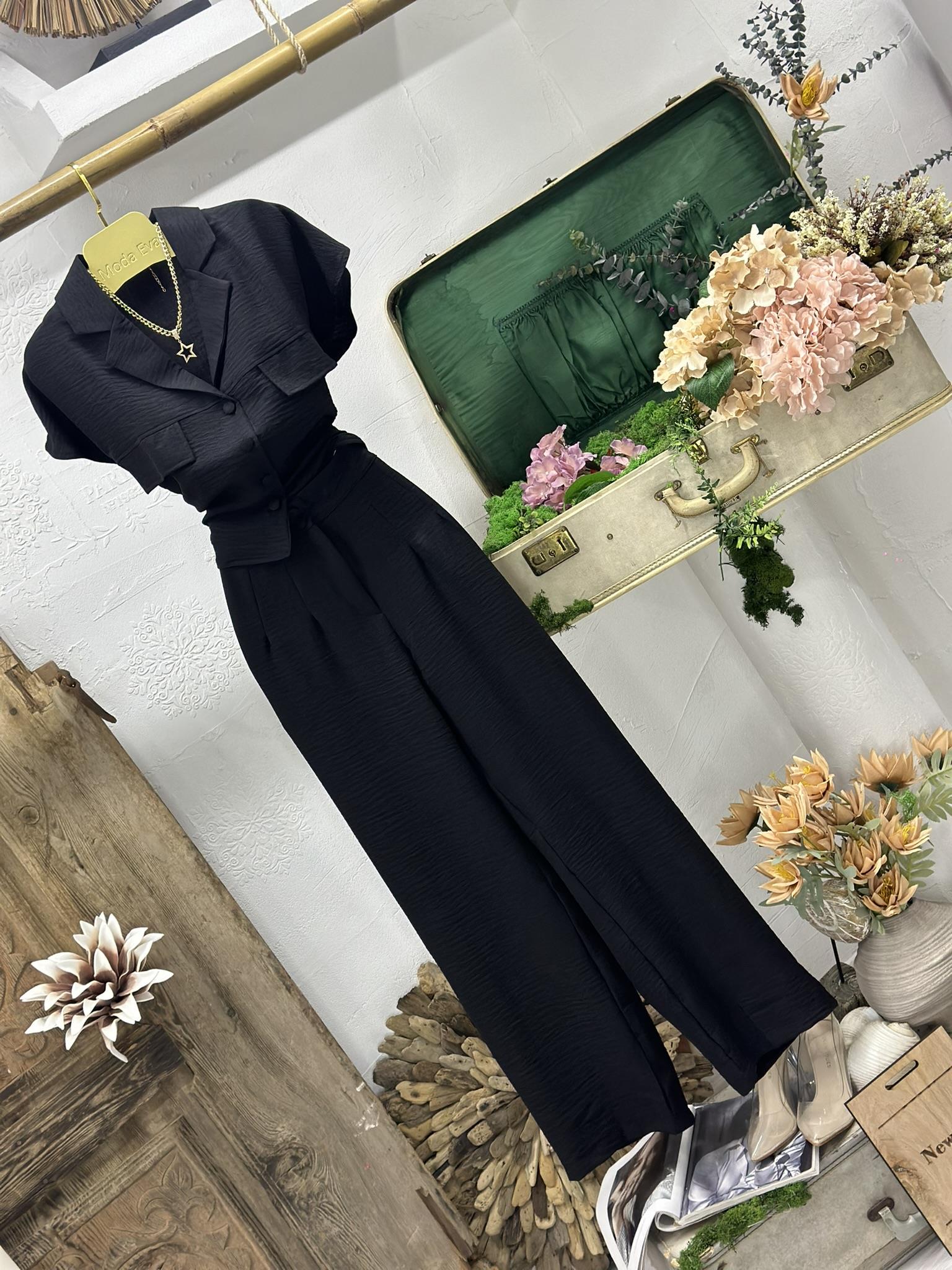 Keten Kumaş Ceket Yaka Gömlek Palazzo Pantolon İkili Takım 